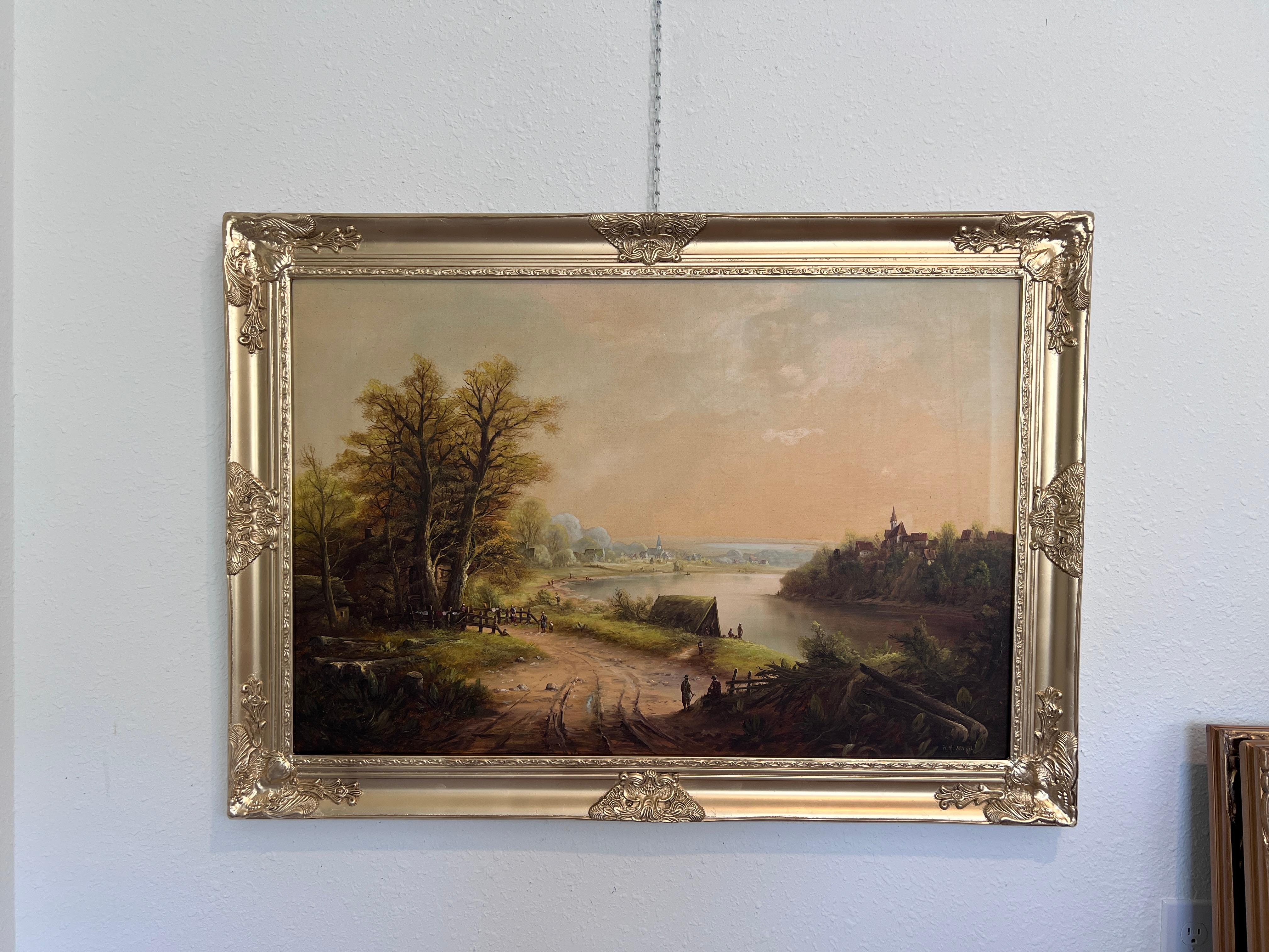 H.G. Kiesel (German Artist 20 c.) Landscape Oil Painting River Village Framed For Sale 11
