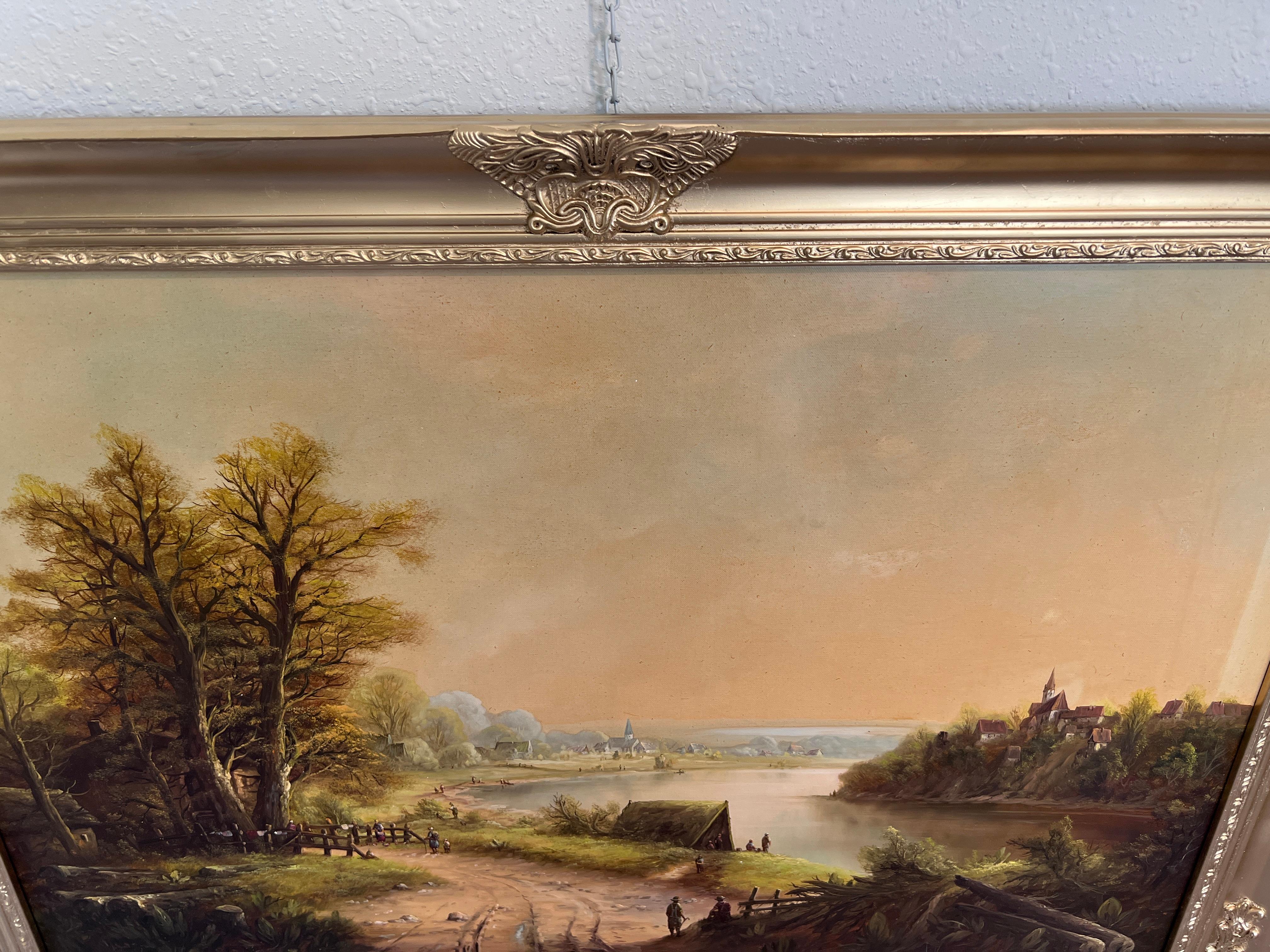 H.G. Kiesel (German Artist 20 c.) Landscape Oil Painting River Village Framed For Sale 12