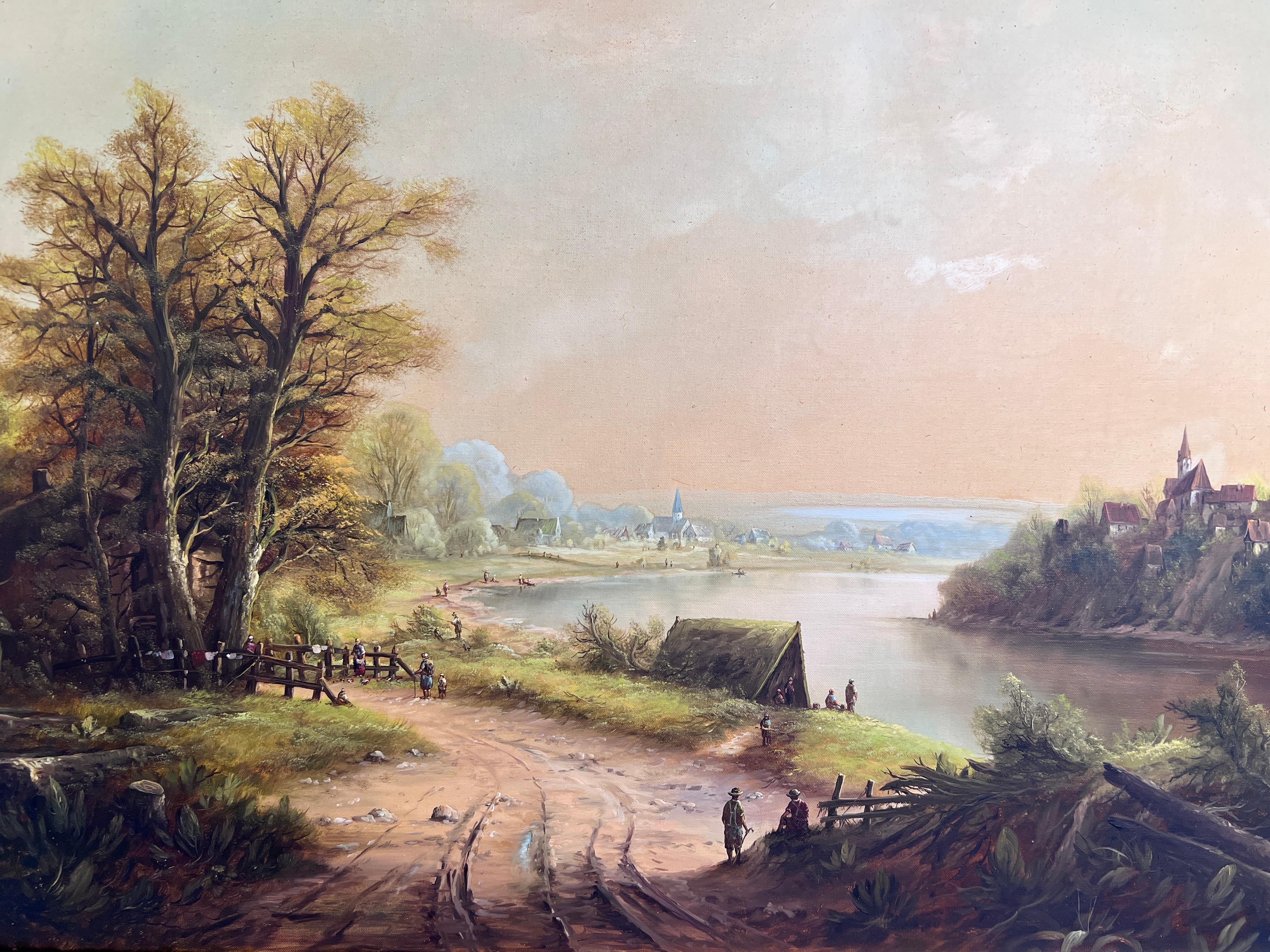 H.G. Kiesel (German Artist 20 c.) Landscape Oil Painting River Village Framed - Brown Landscape Painting by H.G.Kiesel