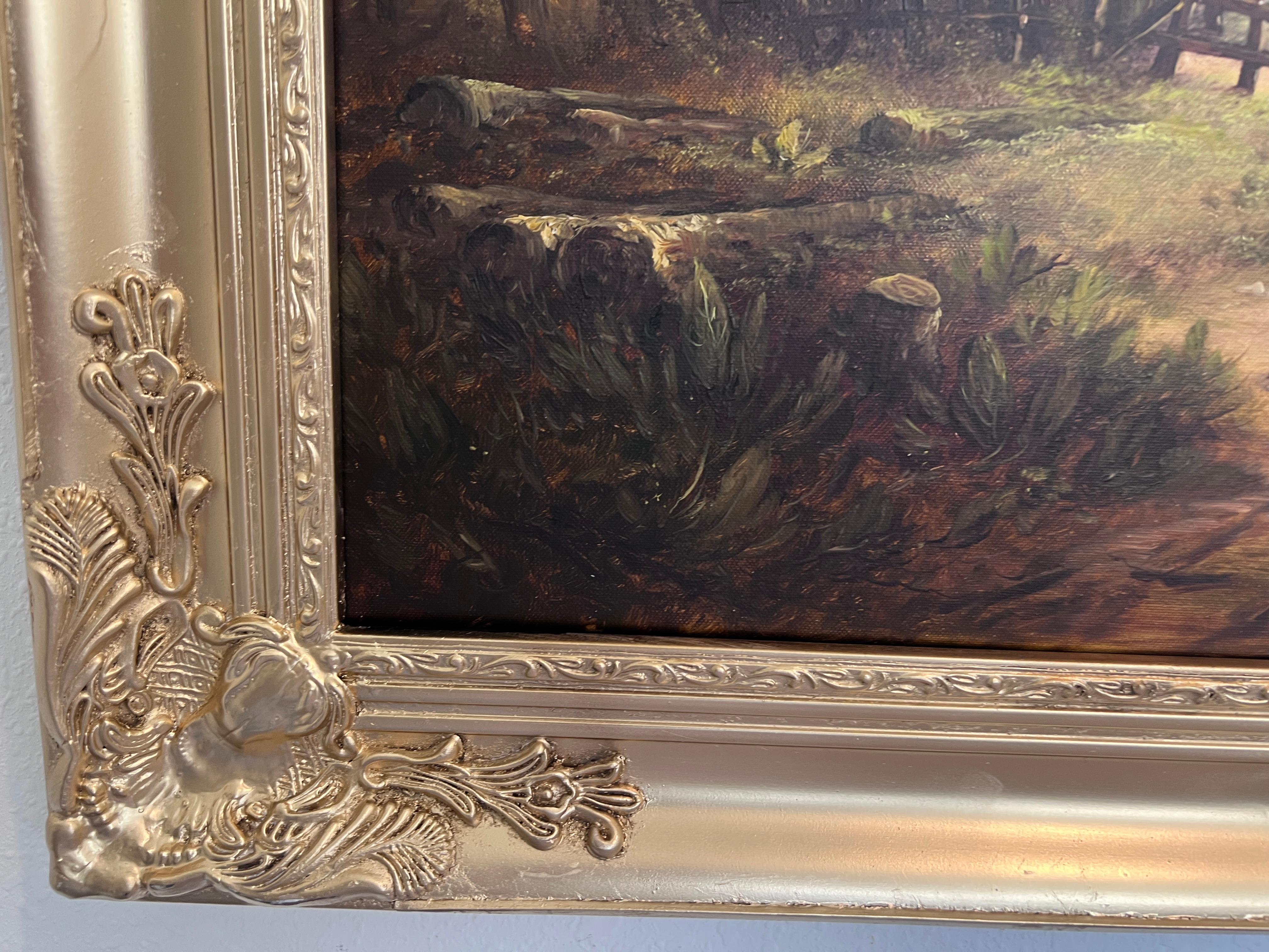 Up for sale is this striking original oil painting on canvas by German artist H.G. Kiesel, depicting a peaceful riverside scene with a distant European village nestled among soft rolling hills.

In the foreground, a dirt path winds past a fence and