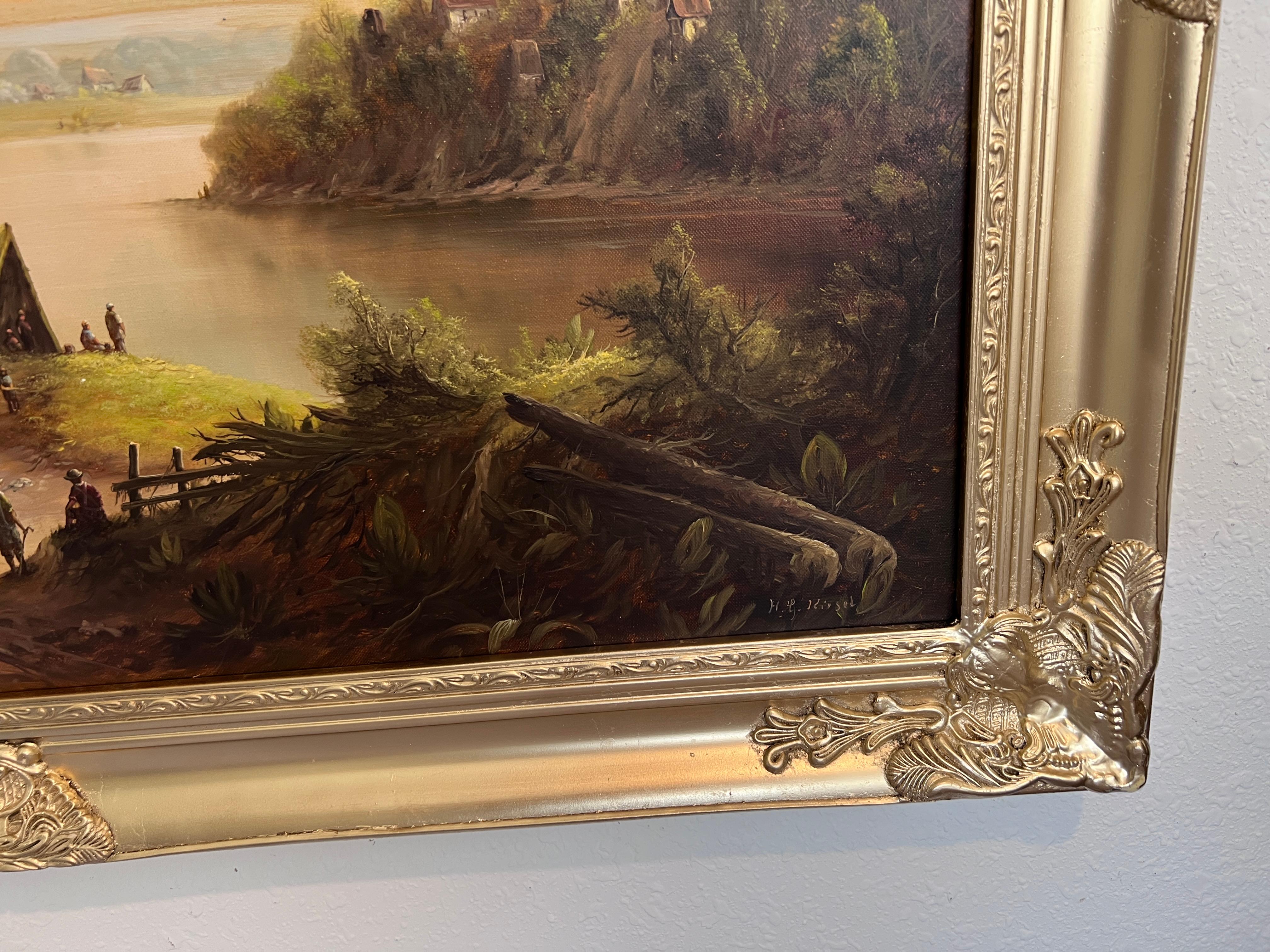 H.G. Kiesel (German Artist 20 c.) Landscape Oil Painting River Village Framed For Sale 3