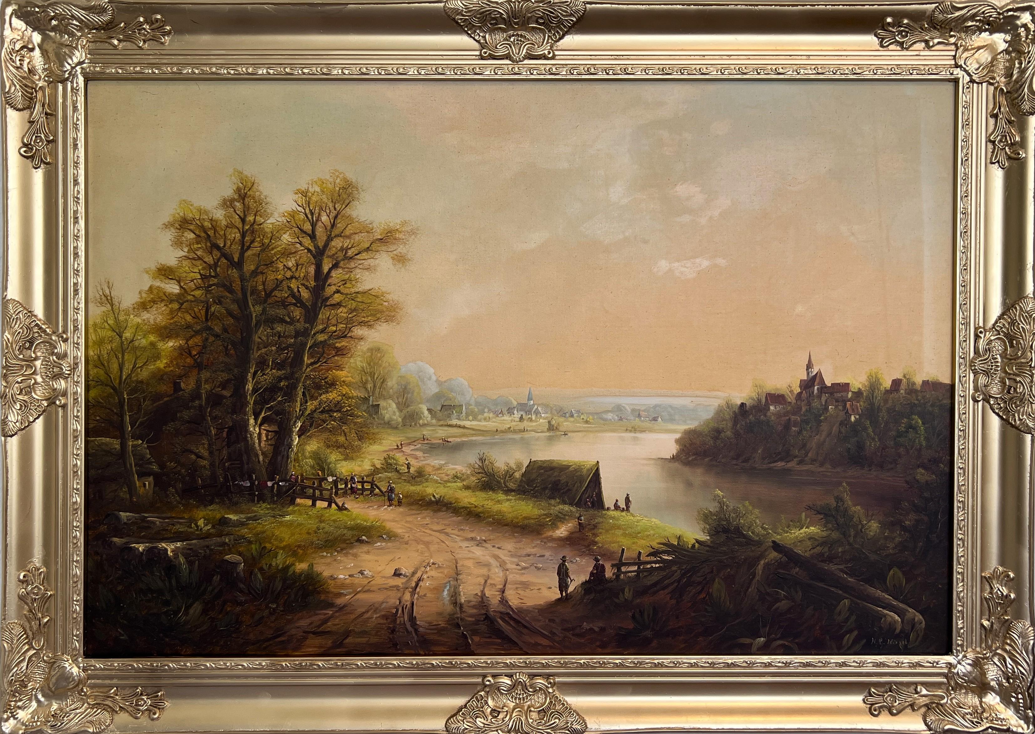 H.G.Kiesel Landscape Painting - H.G. Kiesel (German Artist 20 c.) Landscape Oil Painting River Village Framed
