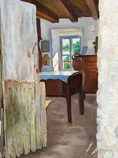 Mid 20th Century French Signed Oil Painting Cottage Kitchen Door Interior Scene