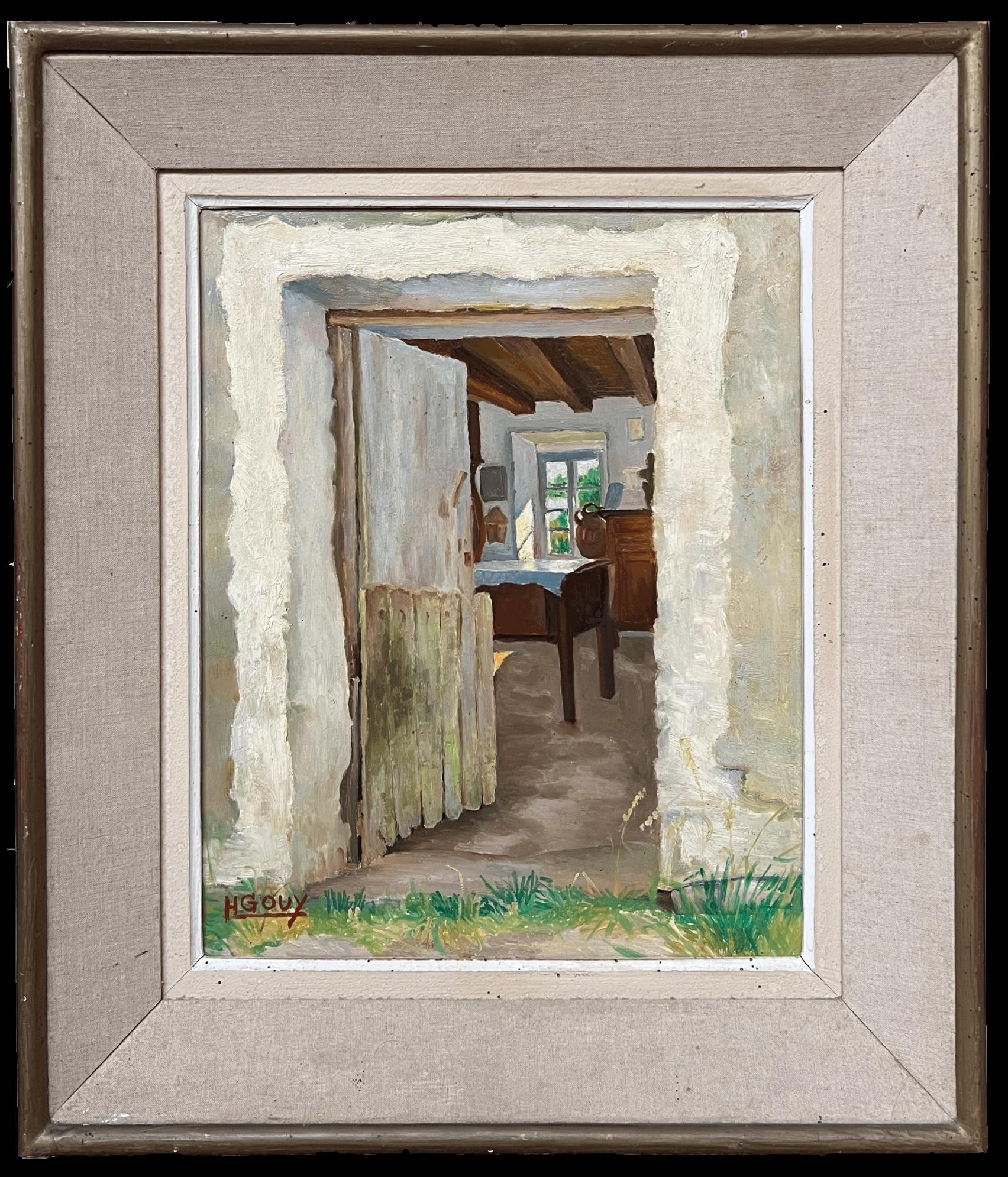 Mid 20th Century French Signed Oil Painting Cottage Kitchen Door Interior Scene
