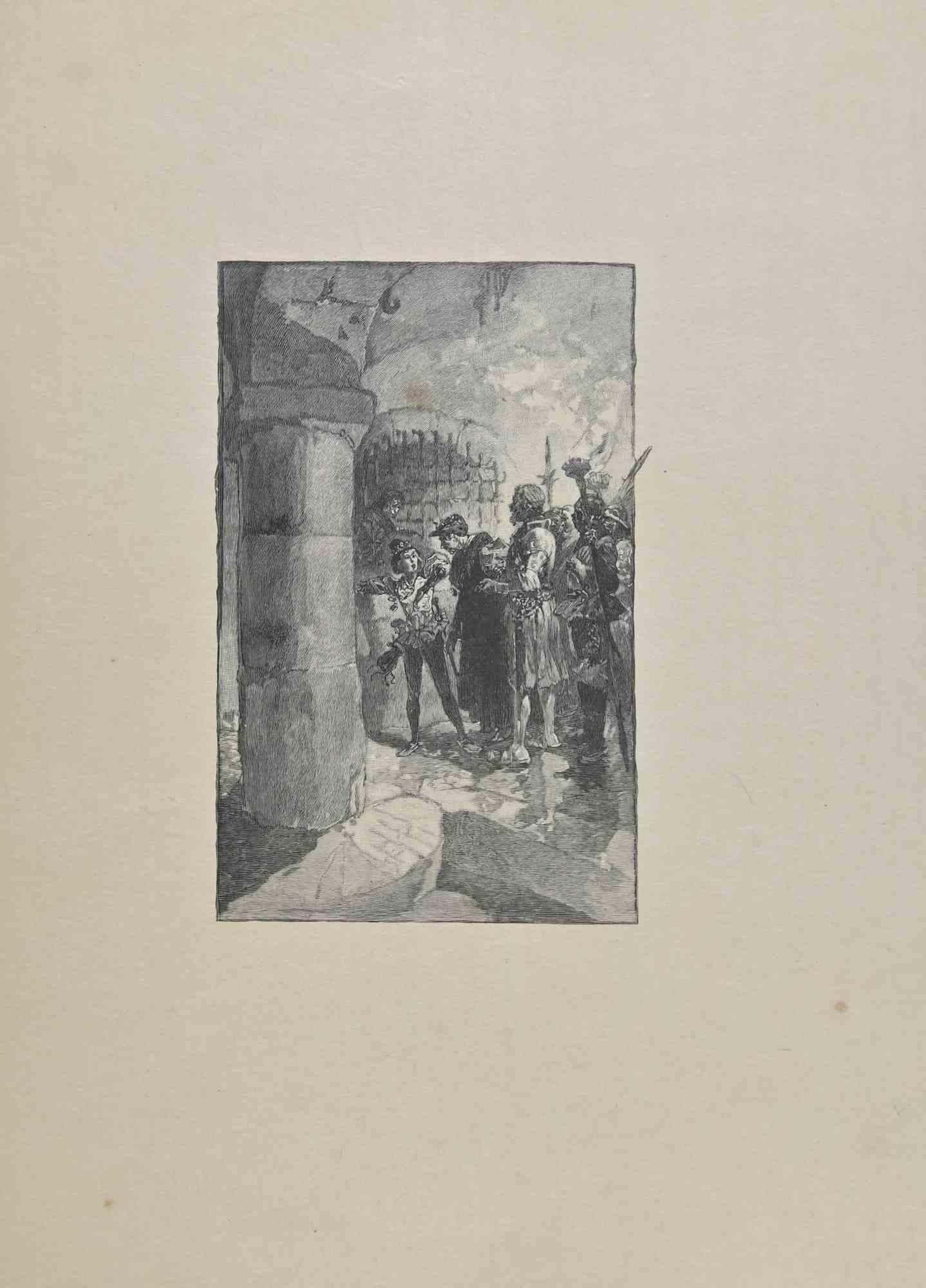 Before The Gate is a Lithograph on paper realized by Hégésippe Moreau in 1838.

The artwork is in good condition.

Hégésippe Moreau (1810-1838) was a French lyric poet. The romantic myth was solidified by the publication of his complete