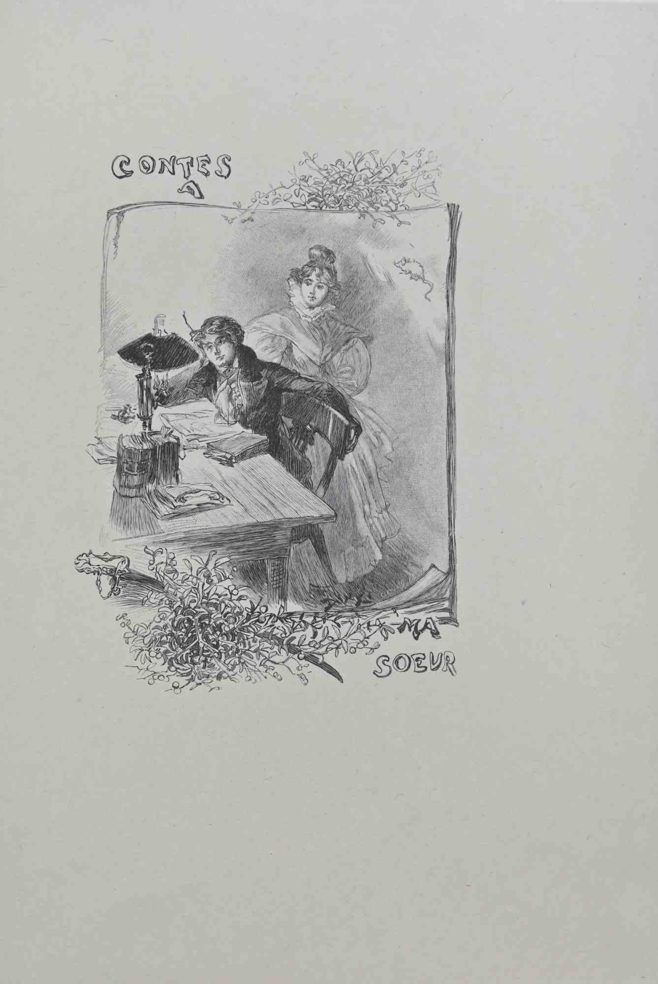 Contes a Ma Soeur is a Lithograph on paper realized by Hégésippe Moreau in 1838.

The artwork is in good condition.

Hégésippe Moreau (1810-1838) was a French lyric poet. The romantic myth was solidified by the publication of his complete
