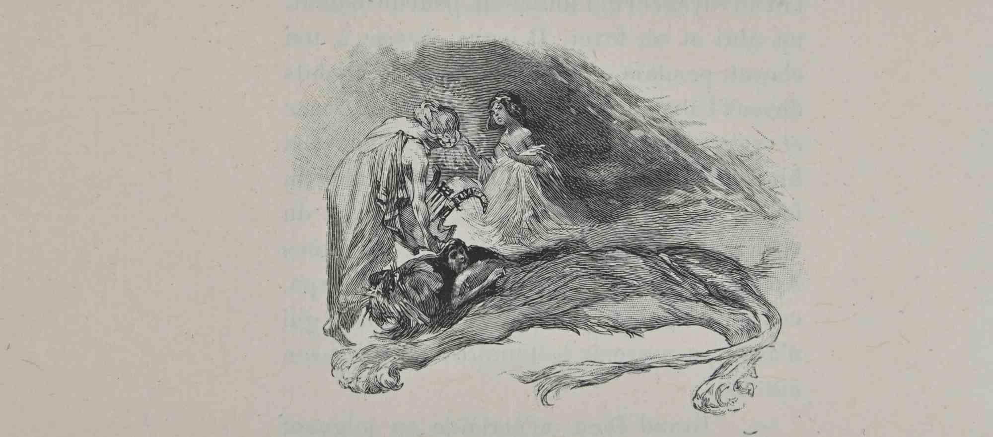 Fairy  and Lion - Lithograph by Hégésippe Moreau - 1838