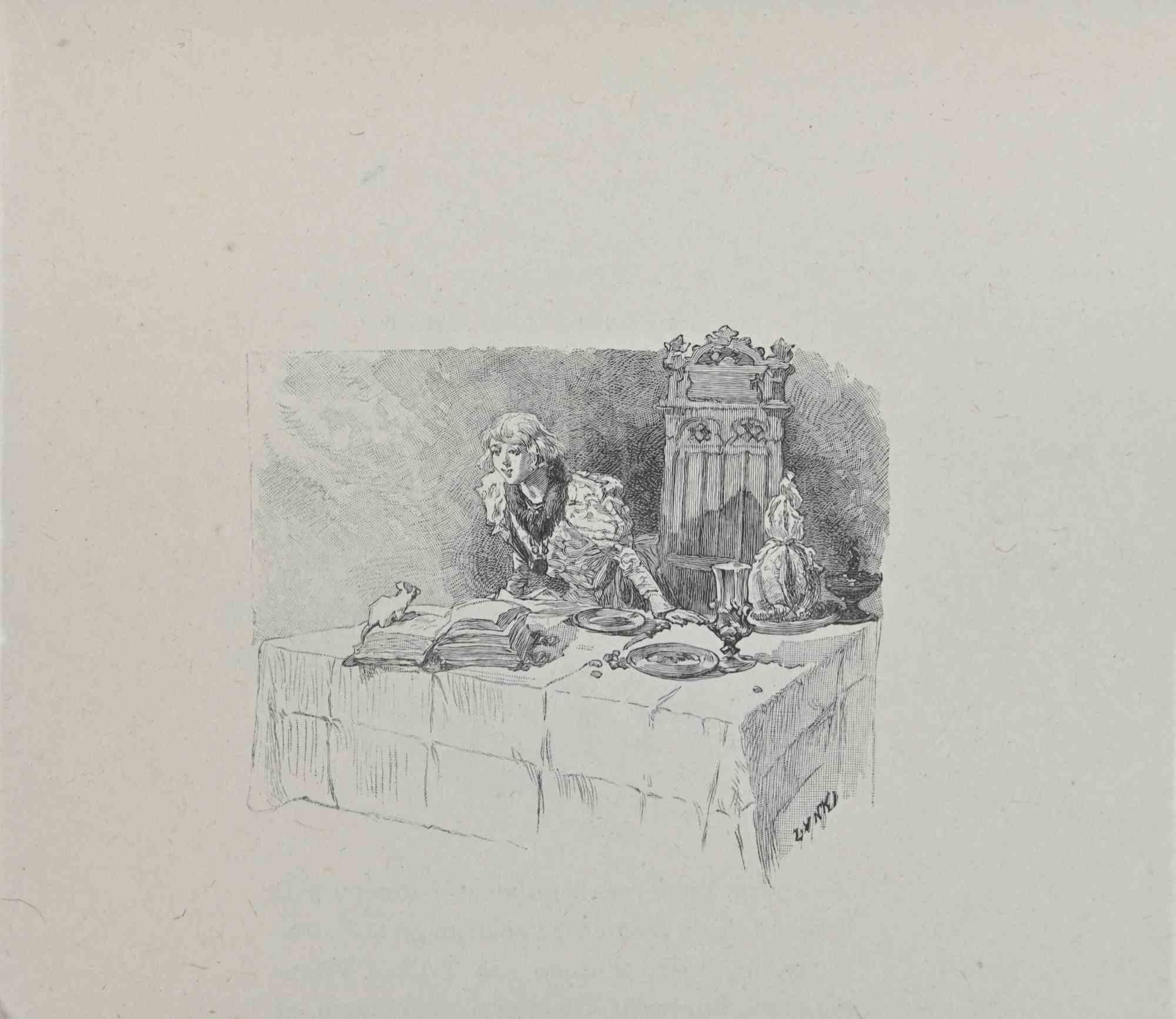 Petits Contes à ma Sœur ist eine Lithographie auf Papier von Hégésippe Moreau, datiert 1838.

Das Kunstwerk  ist in gutem Zustand.

Hégésippe Moreau (1810-1838) war ein französischer Lyriker. Der romantische Mythos wurde durch die Veröffentlichung