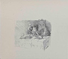 Das Mädchen und die Maus - Lithographie von Hégésippe Moreau - Anfang des 20.