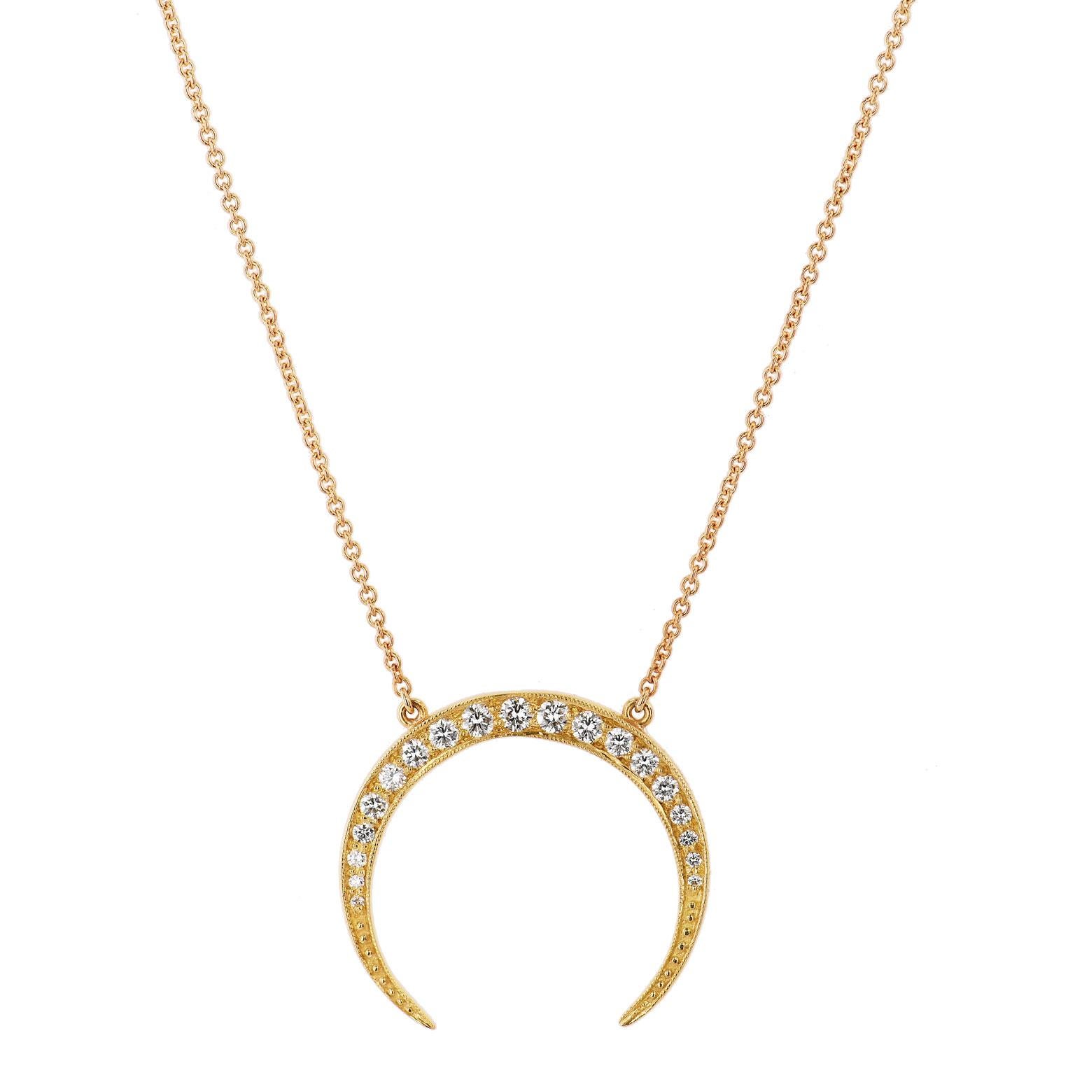 Round Cut H&H 18 Karat Gold 0.43 Carat Diamond Pave Crescent Moon Pendant Necklace