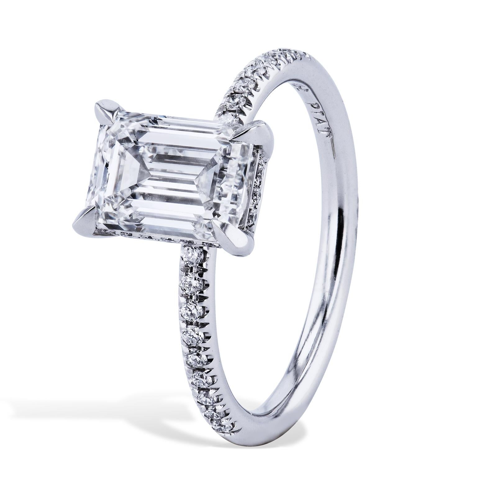 Handmade with care, this exquisite 2.01 carat emerald cut diamond ring (GIA certified/G-SI1 EX, EX) will make sure she stands out from the crowd, featuring 0.06 carats of pave set diamonds (G-VS) in the basket setting and 0.13 carats of pave set
