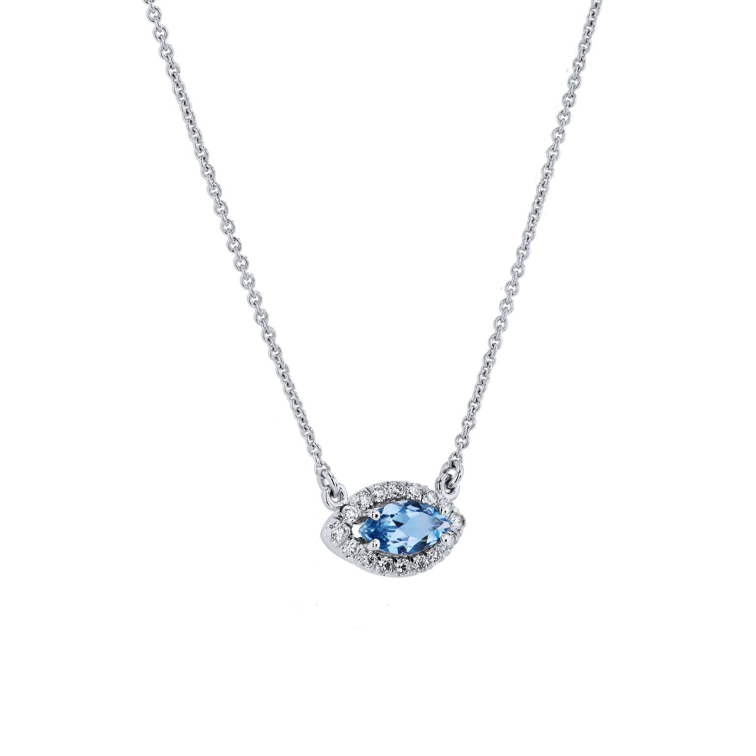 One of a kind, handmade .45 Marquise Cut Aquamarine and Diamond Halo Pendant

This is an eye catching 0.45 carat marquise cut aquamarine pendant, centered in a halo of 0.14 carats in total weight of pave set diamonds (G-H/VS) handmade by H&H Jewels