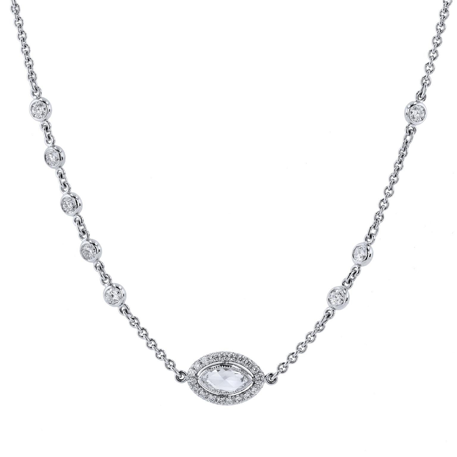 4.98 carats of Bezel set Diamonds by The Yard in 18 karat White Gold Necklace

This is a one of a kind, original, handmade by H&H Jewels.  

This necklace is 18 karat white gold featuring flipping stations of 4.98 carats in total weight of rose cut