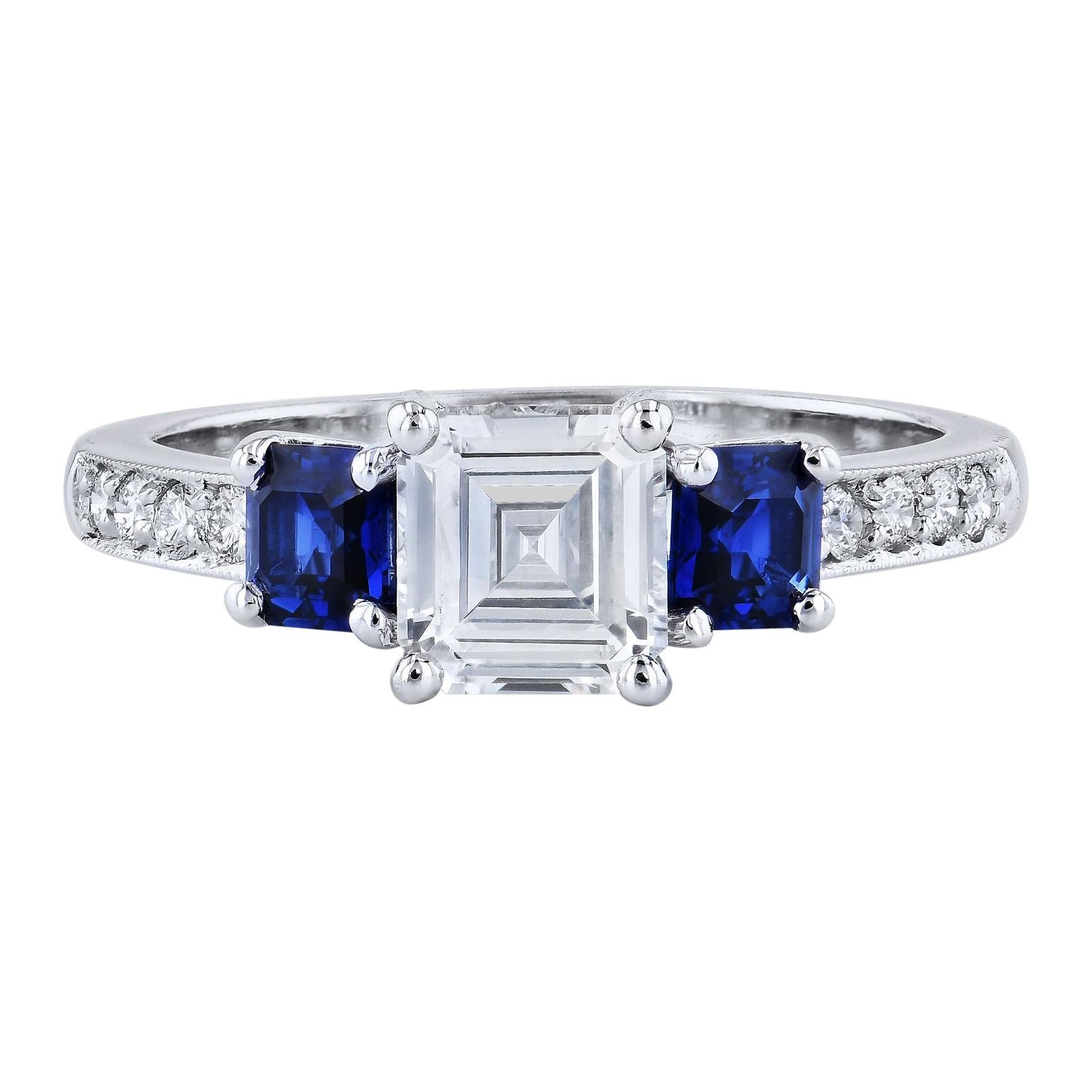 H&H GIA Cert 1.02 Carat Square Emerald Cut Diamond Ring 2 Assher Blue Sapphires For Sale
