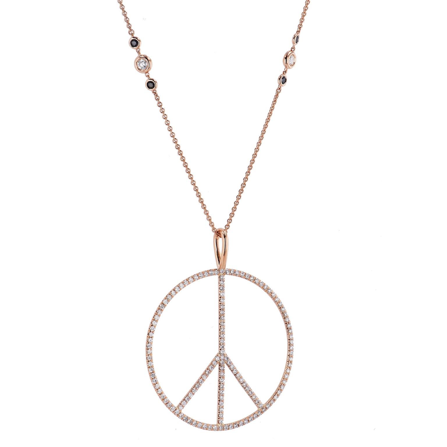 H&H Handmade 2.63 Total Carat Diamond Peace Sign Pendant made of 18 karat Rose Gold 

This is a one of a kind piece.  
Adorned with 2.63 carats in total weight of pave set diamonds (G/H SI2). 

Measures 2 1/8 inches across.  


Necklace chain sold