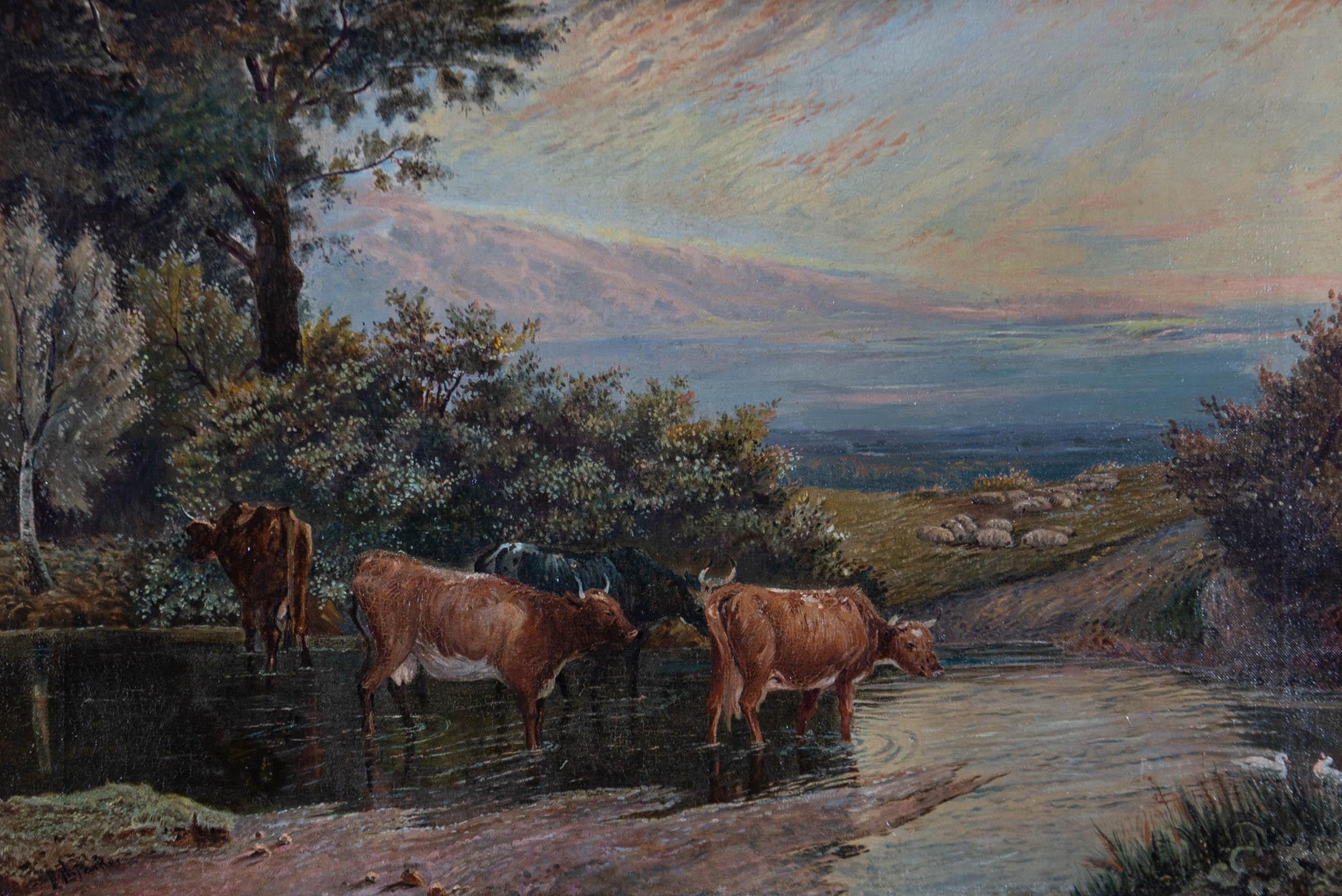 H.H. Parker - Huile de la fin du XIXe siècle, vaches dans un paysage fluvial en vente 1