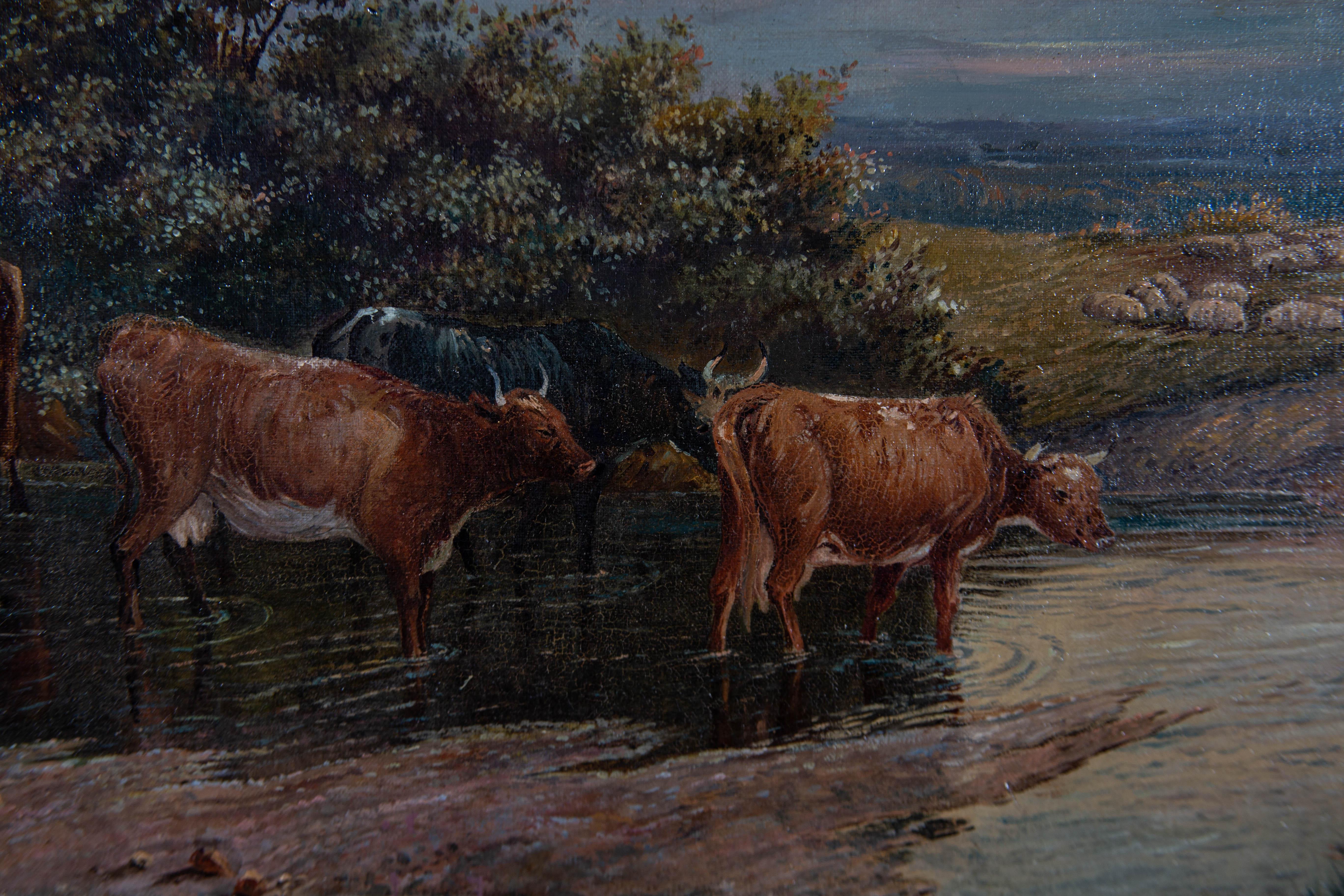 H.H. Parker - Huile de la fin du XIXe siècle, vaches dans un paysage fluvial en vente 4