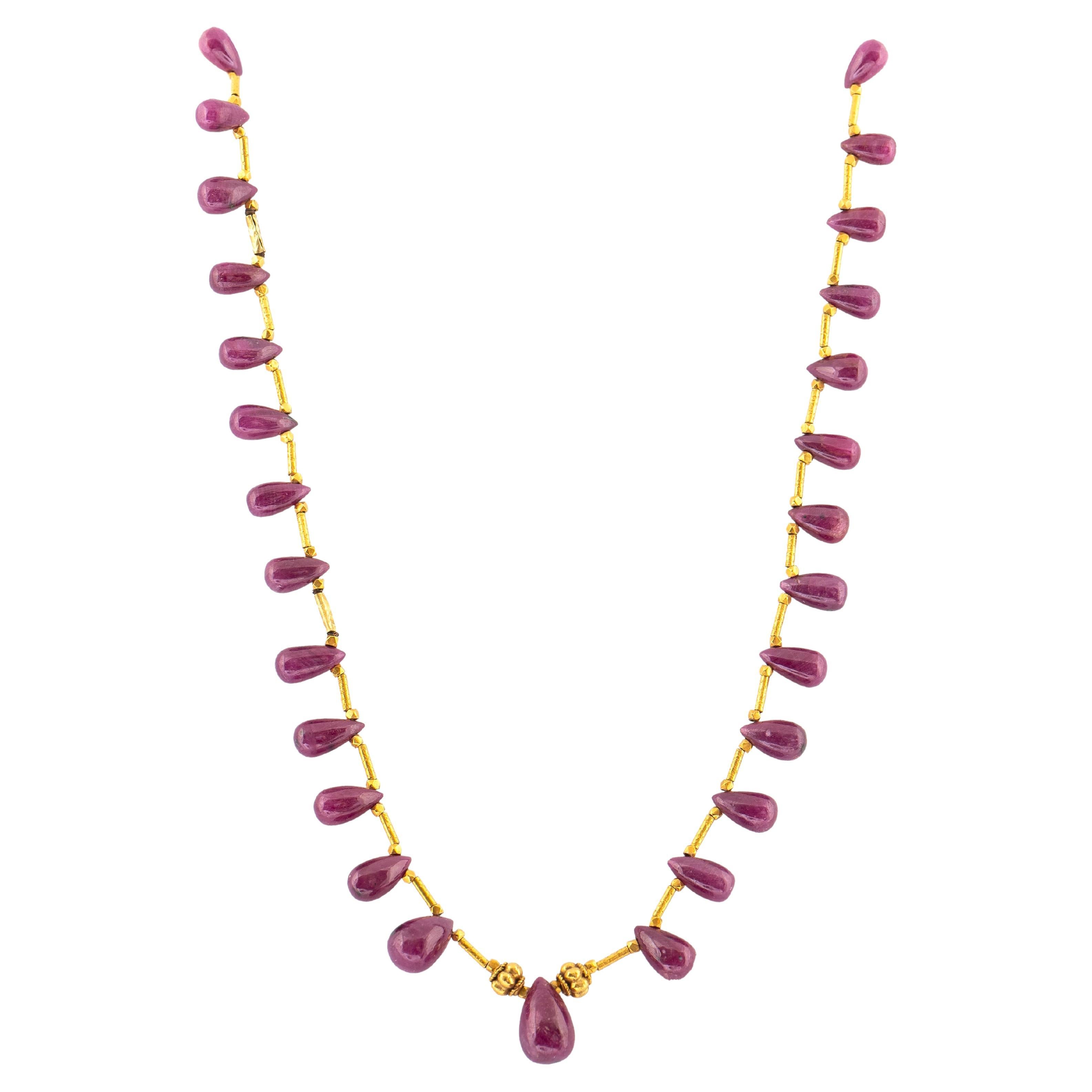 Ruby Drop High-karat Gold Fringe Designer Necklace For Sale