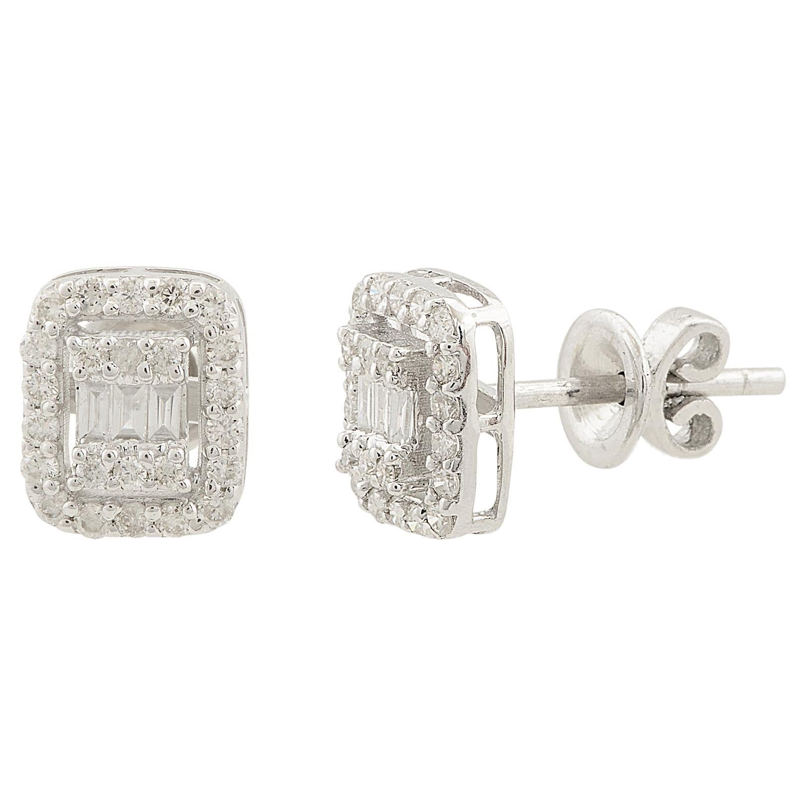 HI Color SI Clarity Diamond Pave Cushion Fine Studs 10 Karat White Gold Earrings For Sale