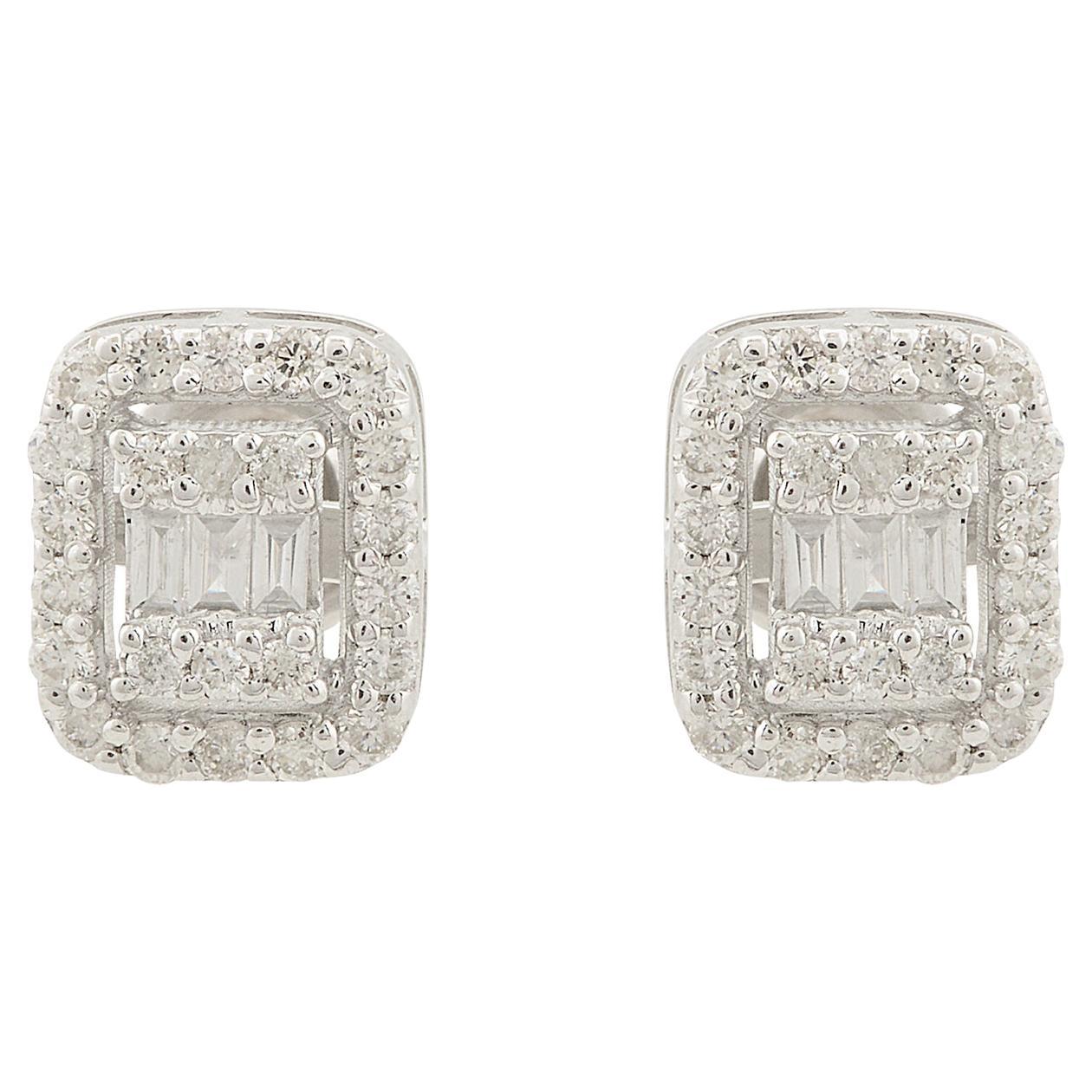 HI Color SI Clarity Diamond Pave Cushion Fine Studs 10 Karat White Gold Earrings For Sale