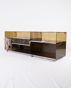 Hi-fi cabinet or sideboard, crafted in smoked plexiglass, made in France, 1970s