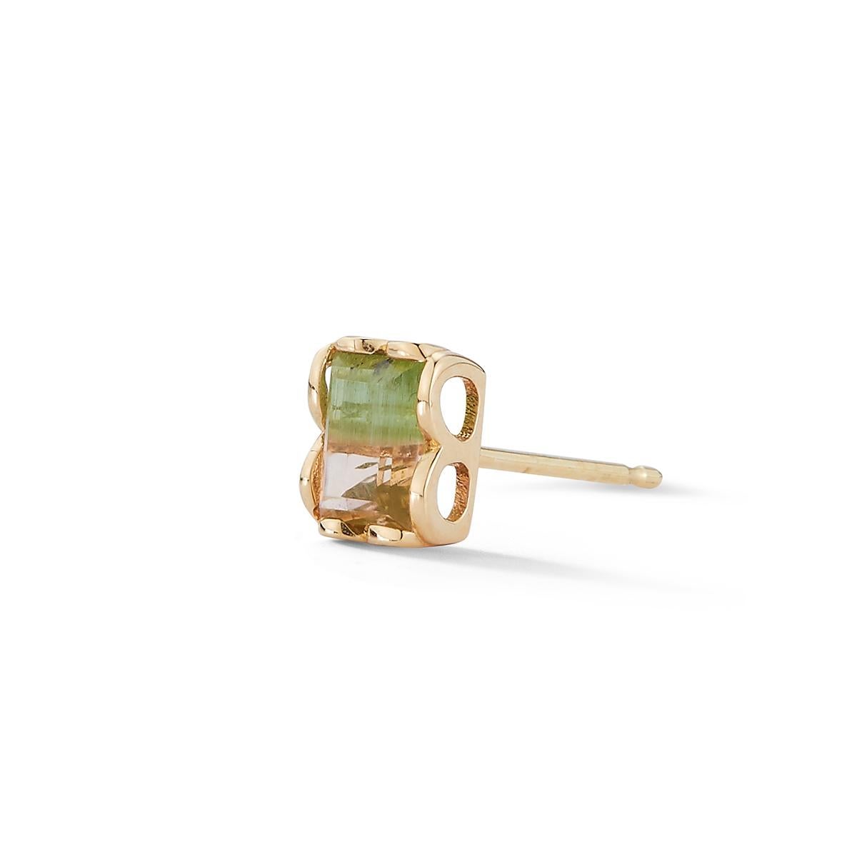 Rectangle shape Tourmaline stone set in a scalloped open work setting.
Easy to wear and great for mixing with your favorite single earrings to updated your
ear game. Sold as a SINGLE earring, get two to wear them as a pair.

Inspired by seeing the
