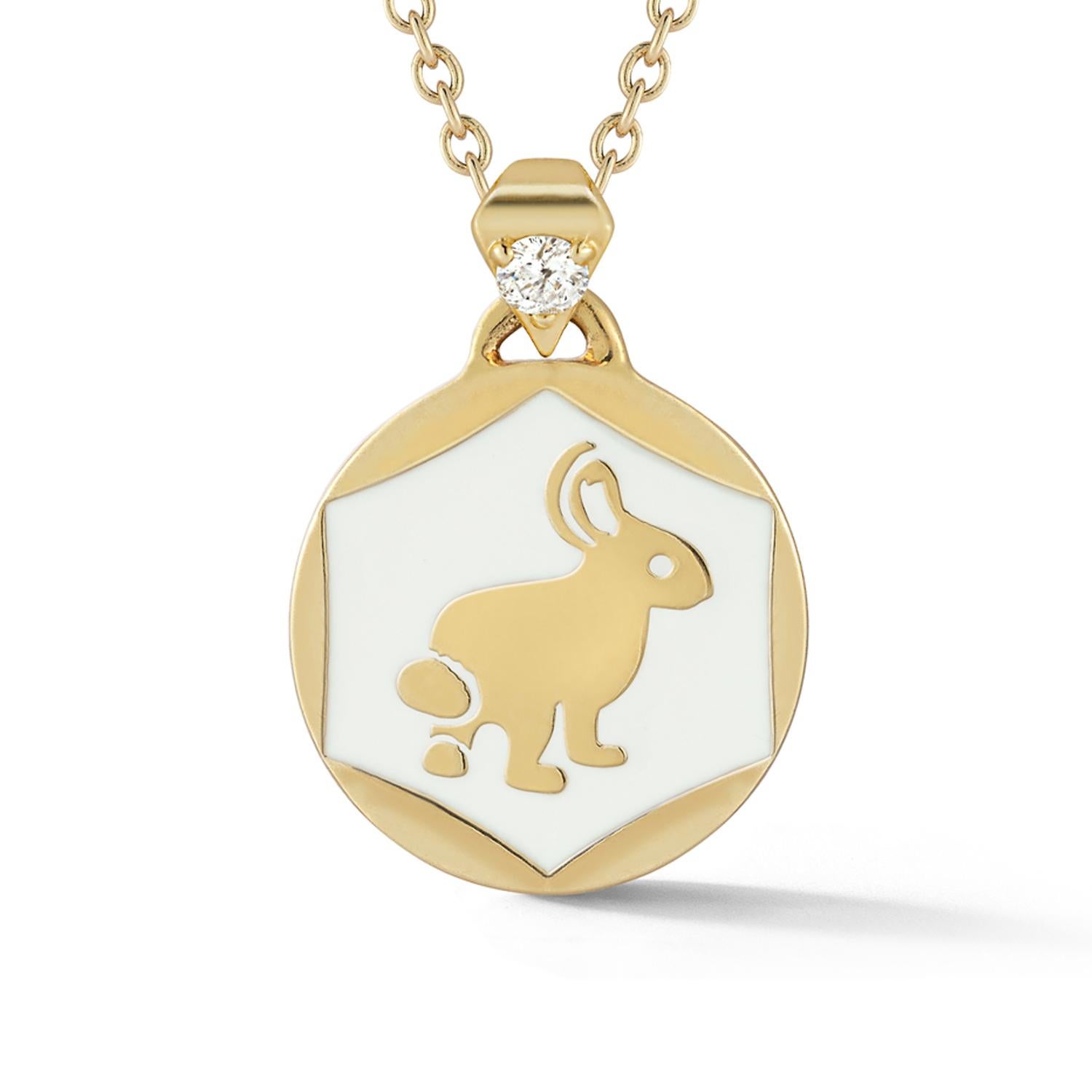 This white enamel pendant with a diamond on its bale is for animal lovers as well as those inspired by Alice in Wonderland. Rabbits are known to symbolize abundance and good fortune. They have extremely sensitive organs and are highly intuitive due