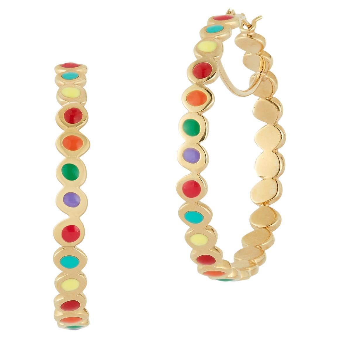 Hi June Parker 14 Karat Yellow Gold Rainbow Color Enamel Hoop Earrings For Sale