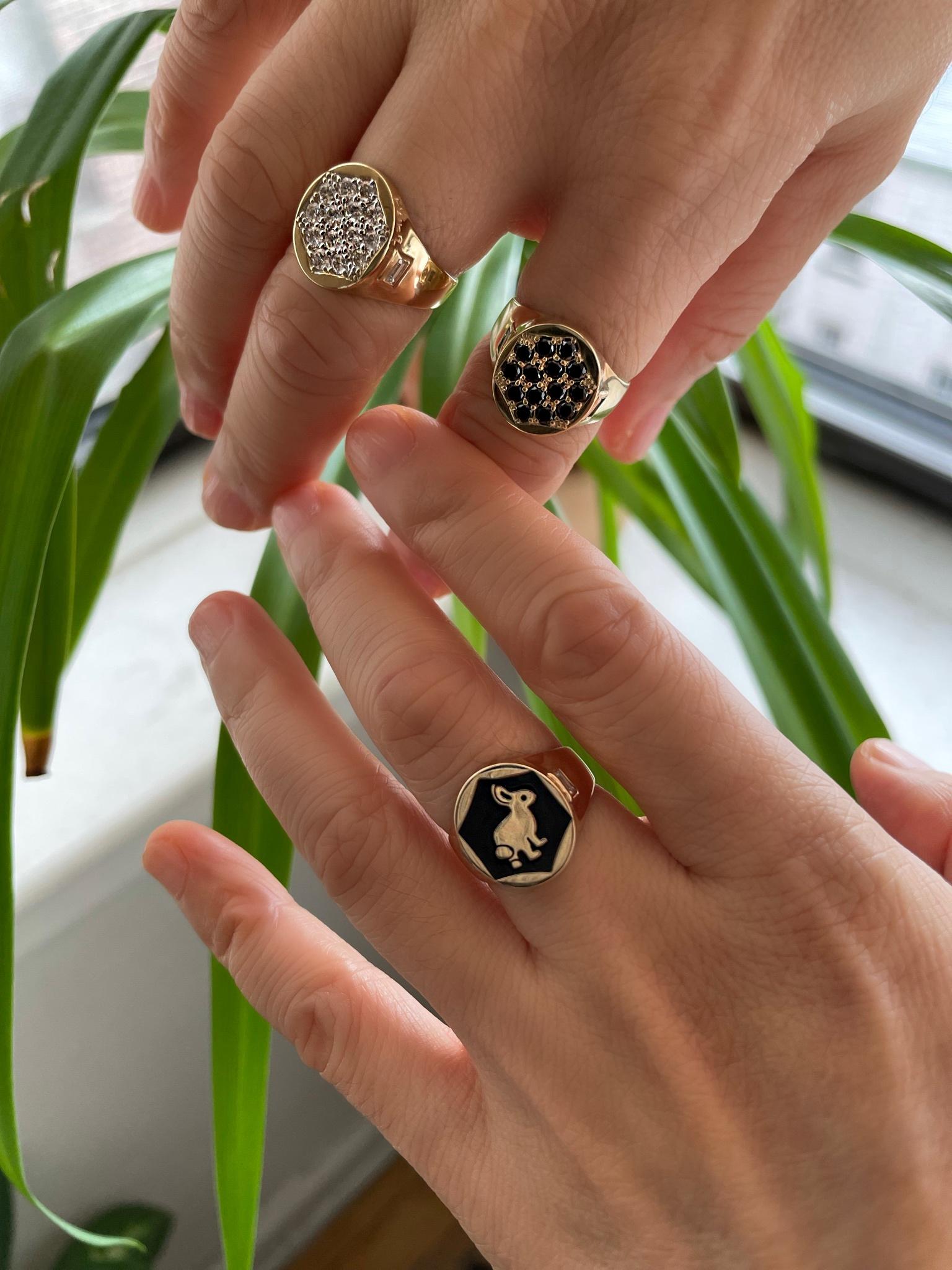 For Sale:  Hi June Parker Black Enamel 14 Karat Yellow Gold Bunny Signet Ring 5