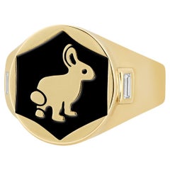 Hi June Parker Black Enamel 14 Karat Yellow Gold Bunny Signet Ring