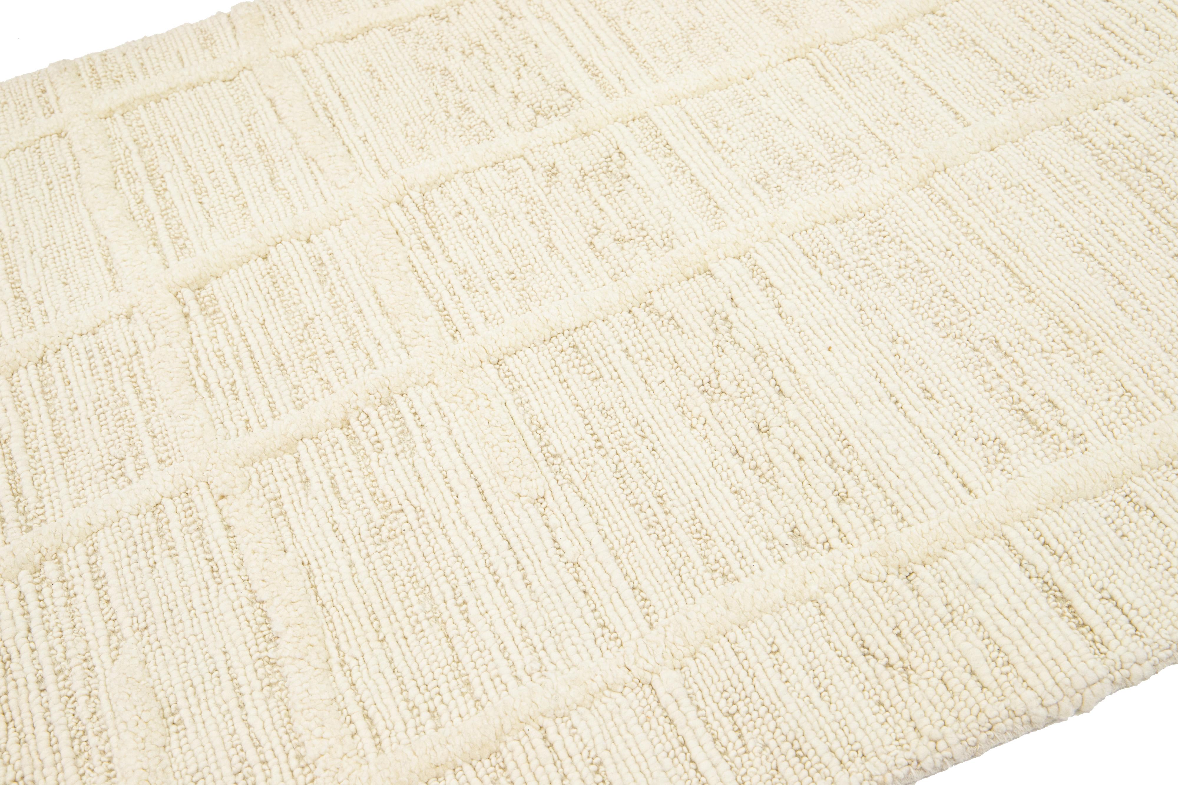 Organic Modern Hi-Lo Contemporary Moroccan Style Wool Rug With Beige Field For Sale