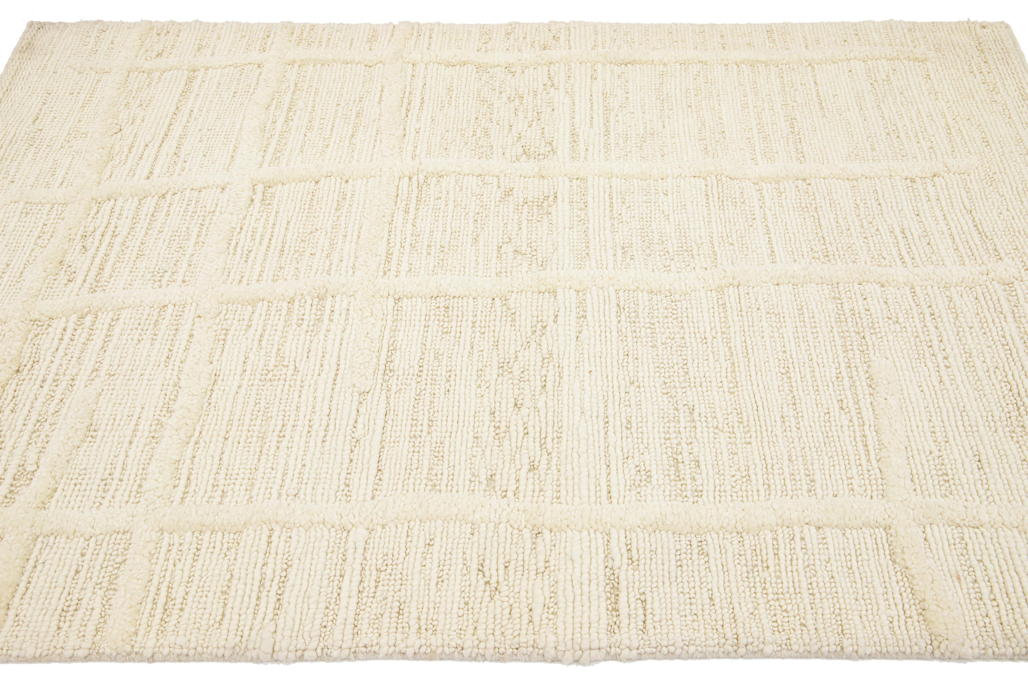 Hand-Knotted Hi-Lo Contemporary Moroccan Style Wool Rug With Beige Field For Sale