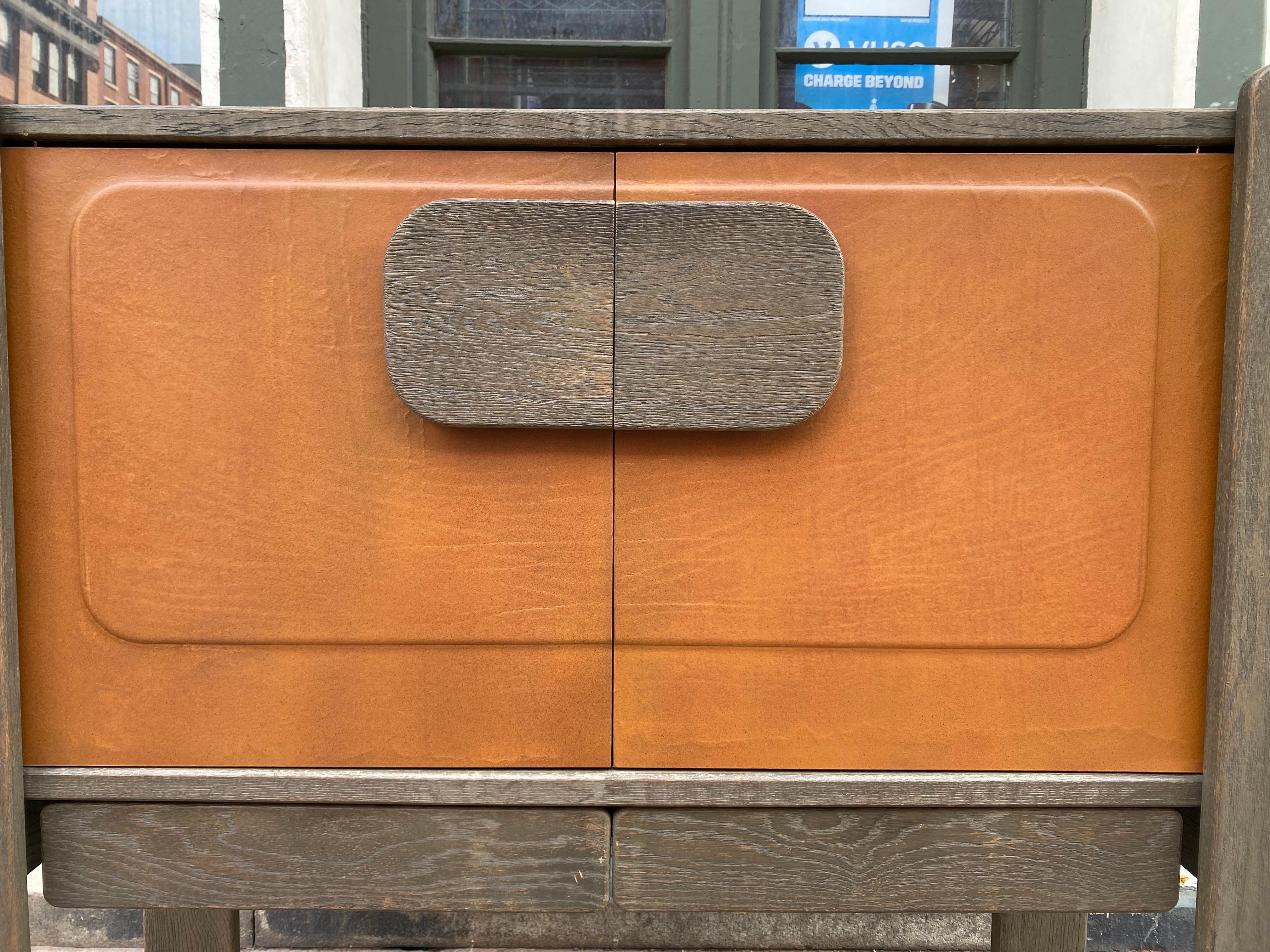 Belgian 1970's Space Age Oak and Leather European Cabinet For Sale