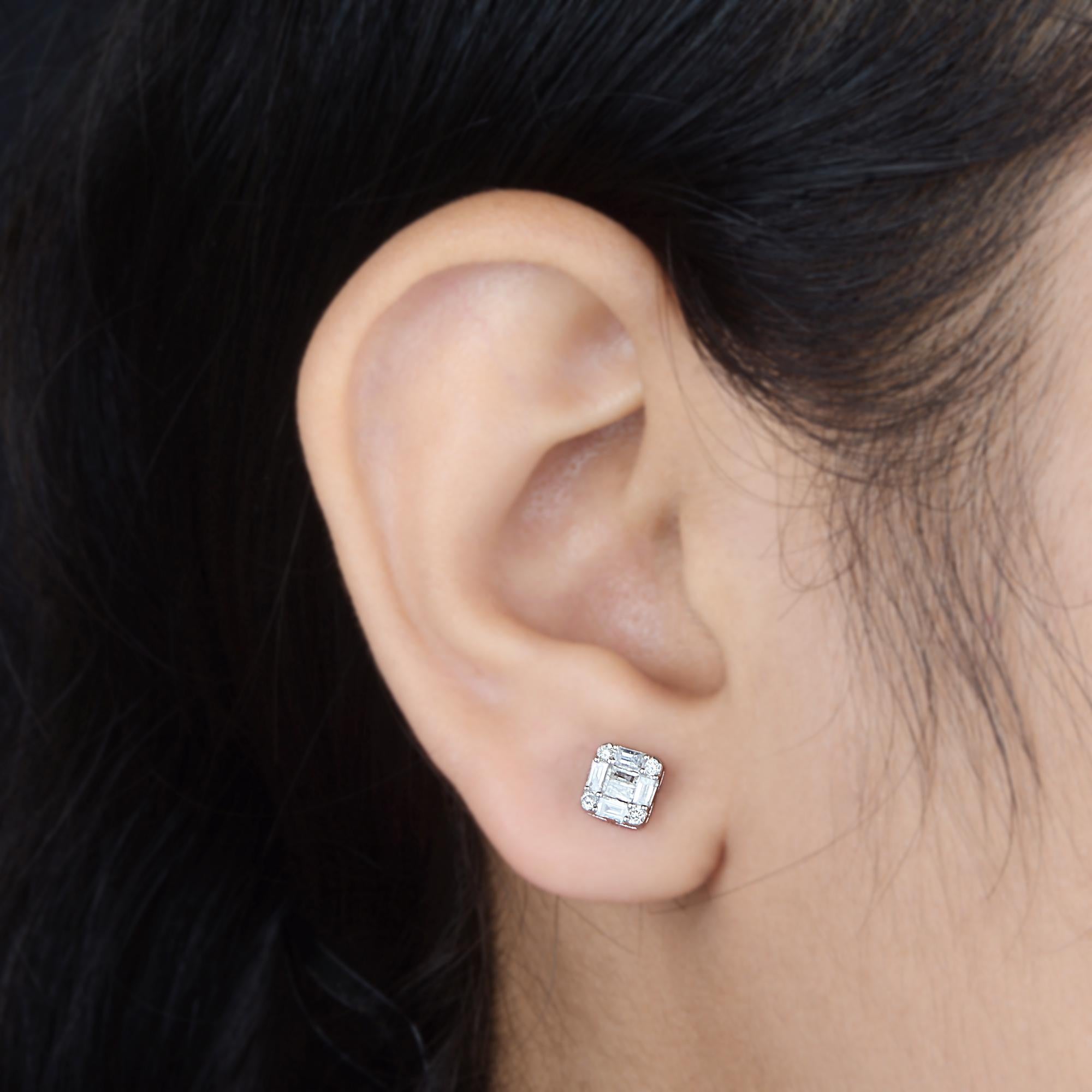 Modern HI/SI Baguette Diamond Cushion Stud 10 Karat White Gold Tiny Earrings Jewelry