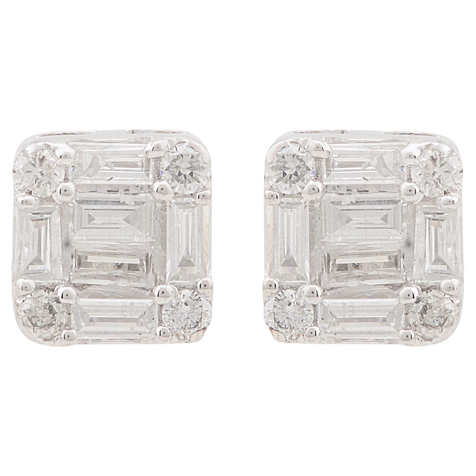 HI/SI Baguette Diamond Cushion Stud 10 Karat White Gold Tiny Earrings Jewelry