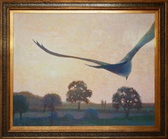 Pastel-Toned Abstract Impressionist Dusk Landscape with a Bird