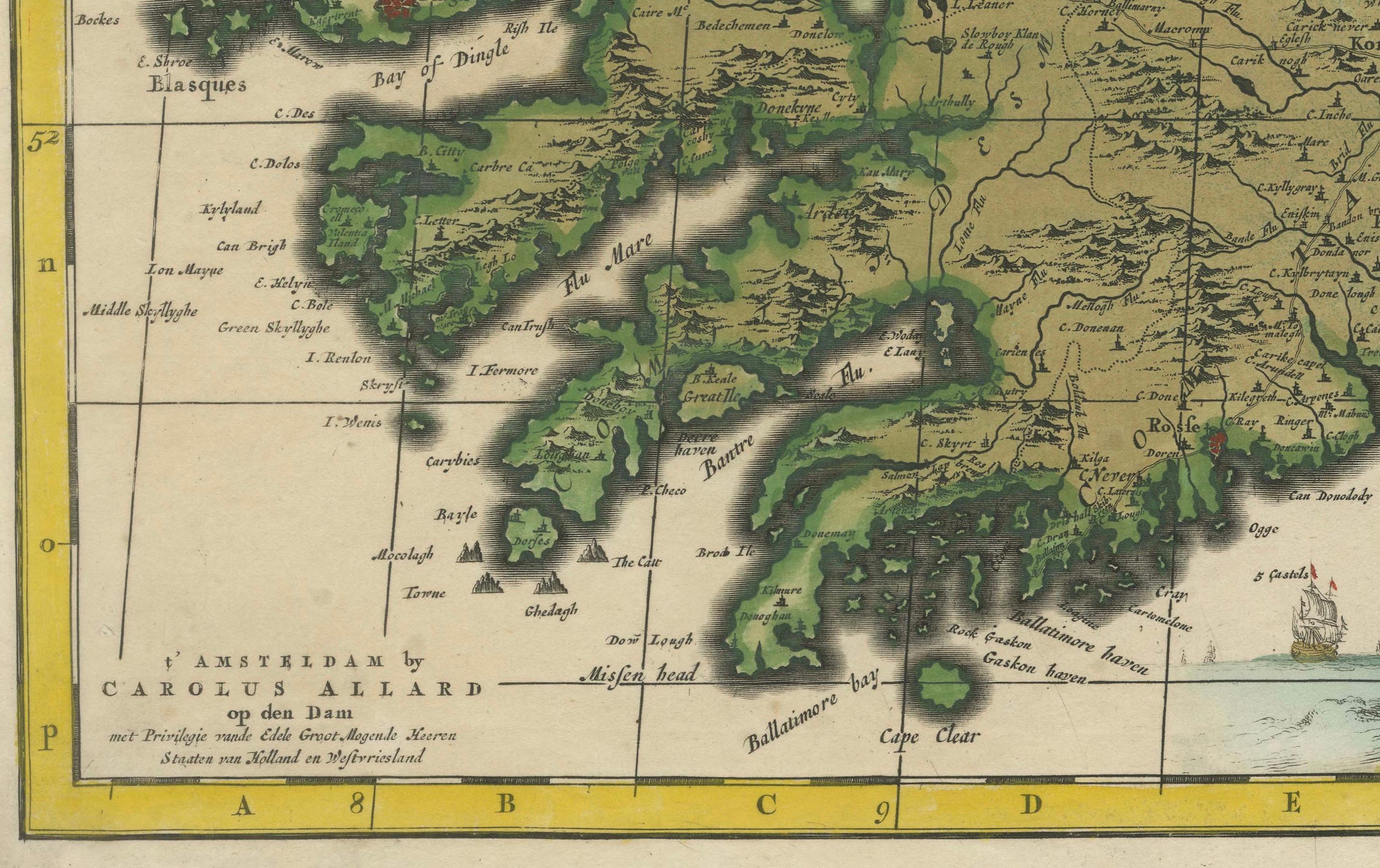 Early 18th Century Hibernia Regnum Map by Carel Allard, 1700: Hand-Colored Provinces of Ireland For Sale