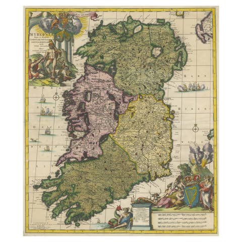 Hibernia Regnum Map by Carel Allard, 1700: Hand-Colored Provinces of Ireland