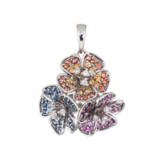 Hibiscus Flower Pendant Estate 14 Karat White Gold Sapphire Ruby Citrine Jewelry