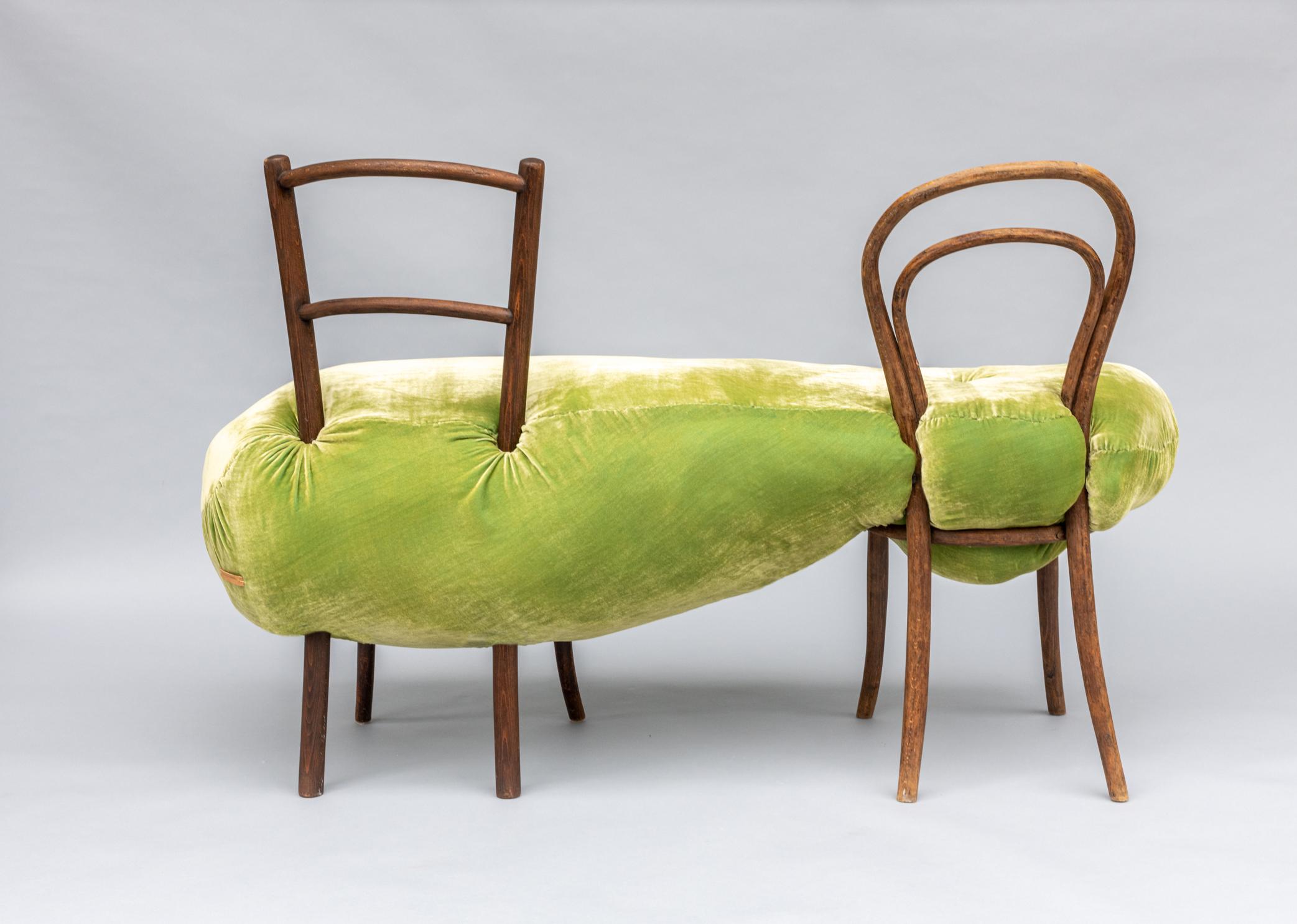 Squishy Thonet II is a continuation of the Hi!breed family. This series explores the personification of old beaten up chair frames with a sense of a life before. 
This is a bench sculpted from two old Thonet bentwood chairs engulfed in biomorphic