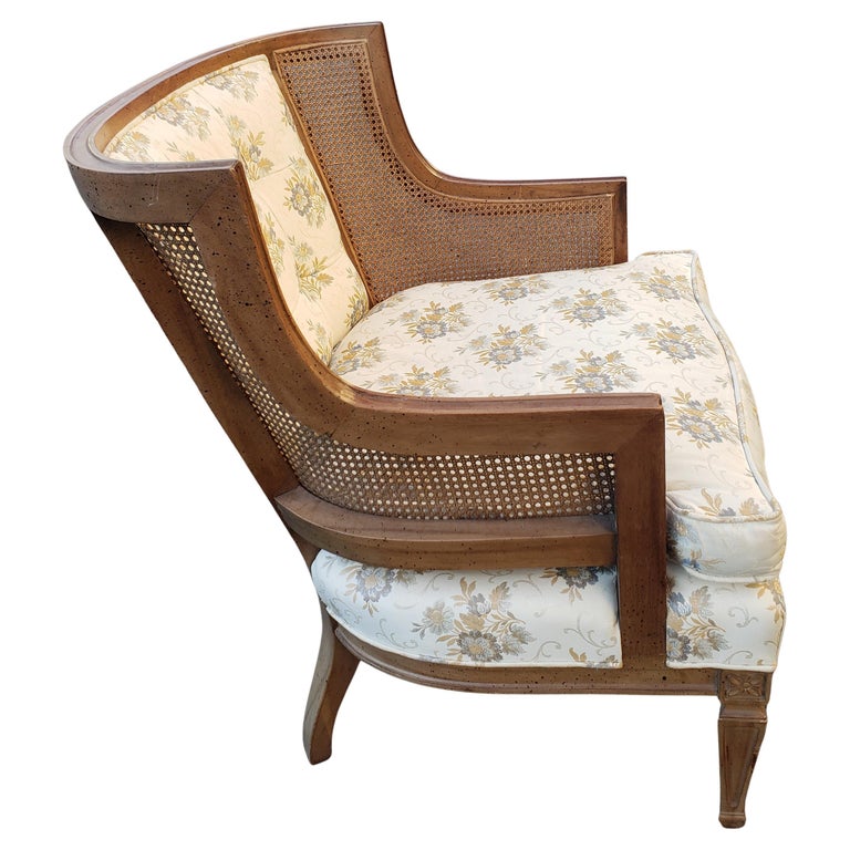 American Hibriten French Bergere Walnut Cane Upholstered Chairs, circa 1960, a Pair For Sale