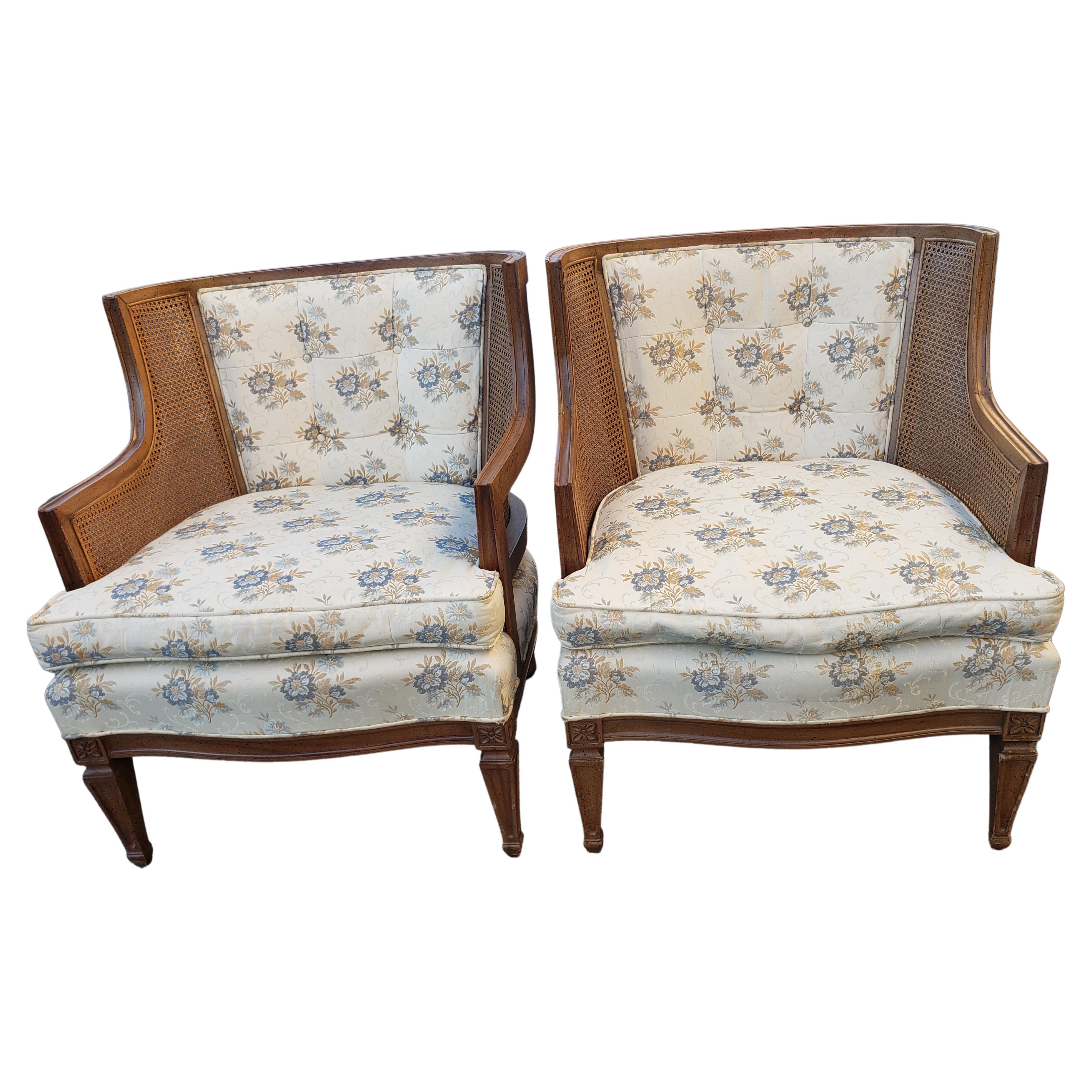 Caning Hibriten French Bergere Walnut Cane Upholstered Chairs, circa 1960, a Pair For Sale