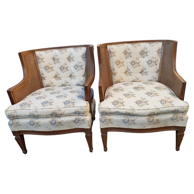 20th Century Hibriten French Bergere Walnut Cane Upholstered Chairs, circa 1960, a Pair For Sale