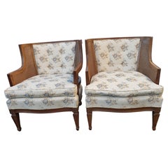 Hibriten French Bergere Walnut Cane Upholstered Chairs, circa 1960, a Pair
