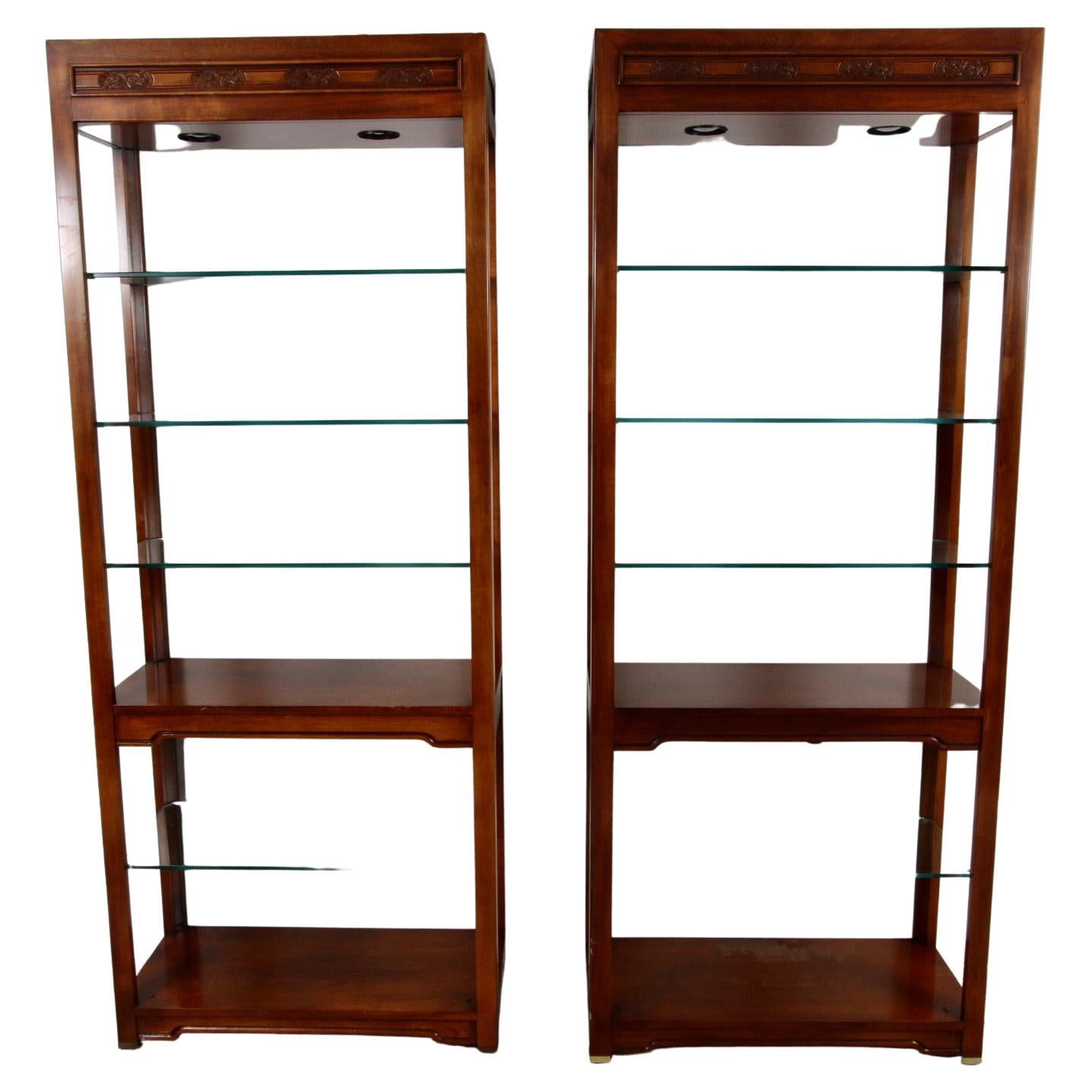Clean, well-made set of Hilbriten/Bernhardt mahogany asian-influence etageres. Both pieces have a dimmer switch below middle wood shelf (see video).