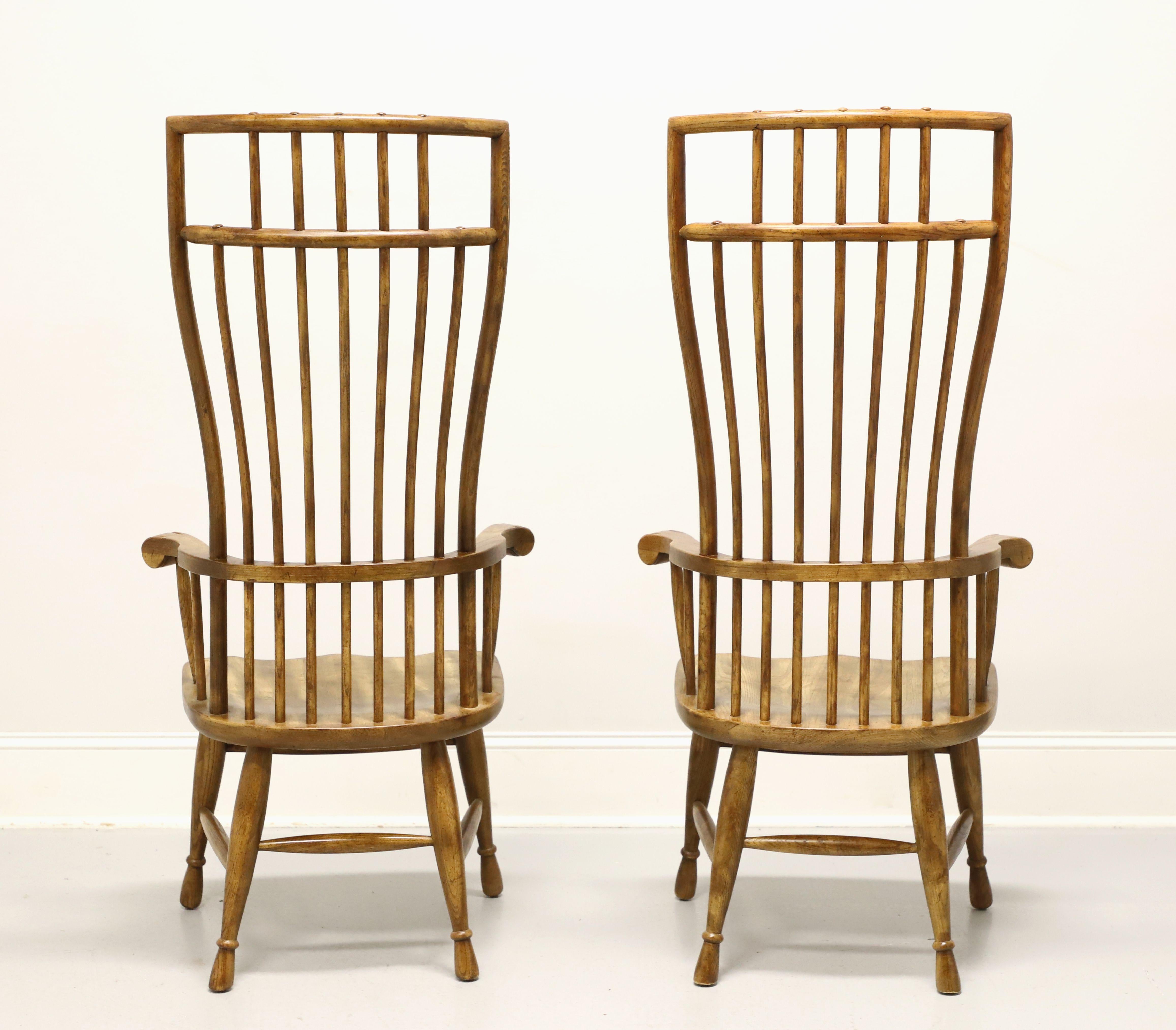 American Colonial HIBRITEN Mid 20th Century Oak Exaggerated Back Windsor Armchairs - Pair