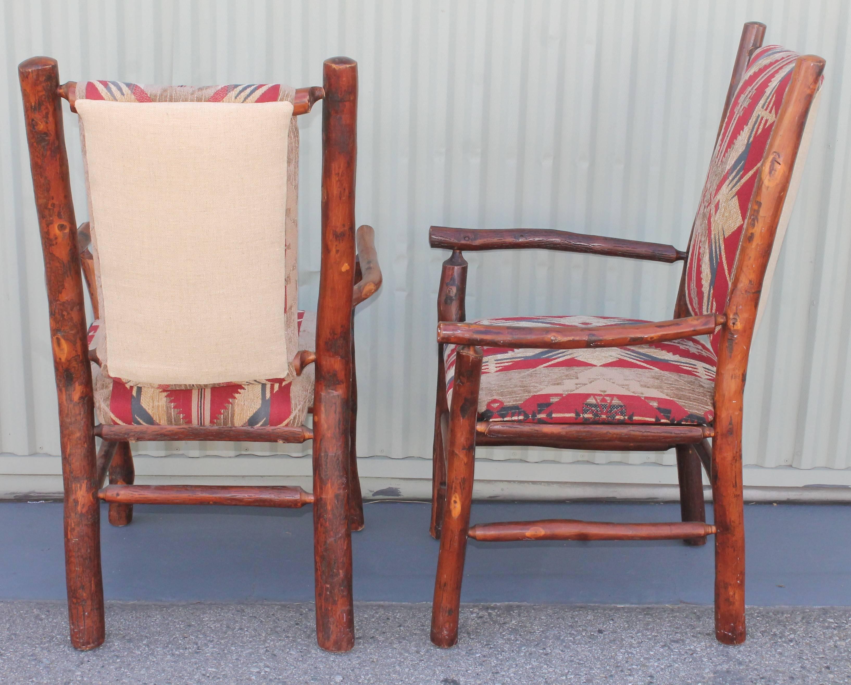 Hand-Crafted Hickory Armchairs Upholstered in Western Fabric