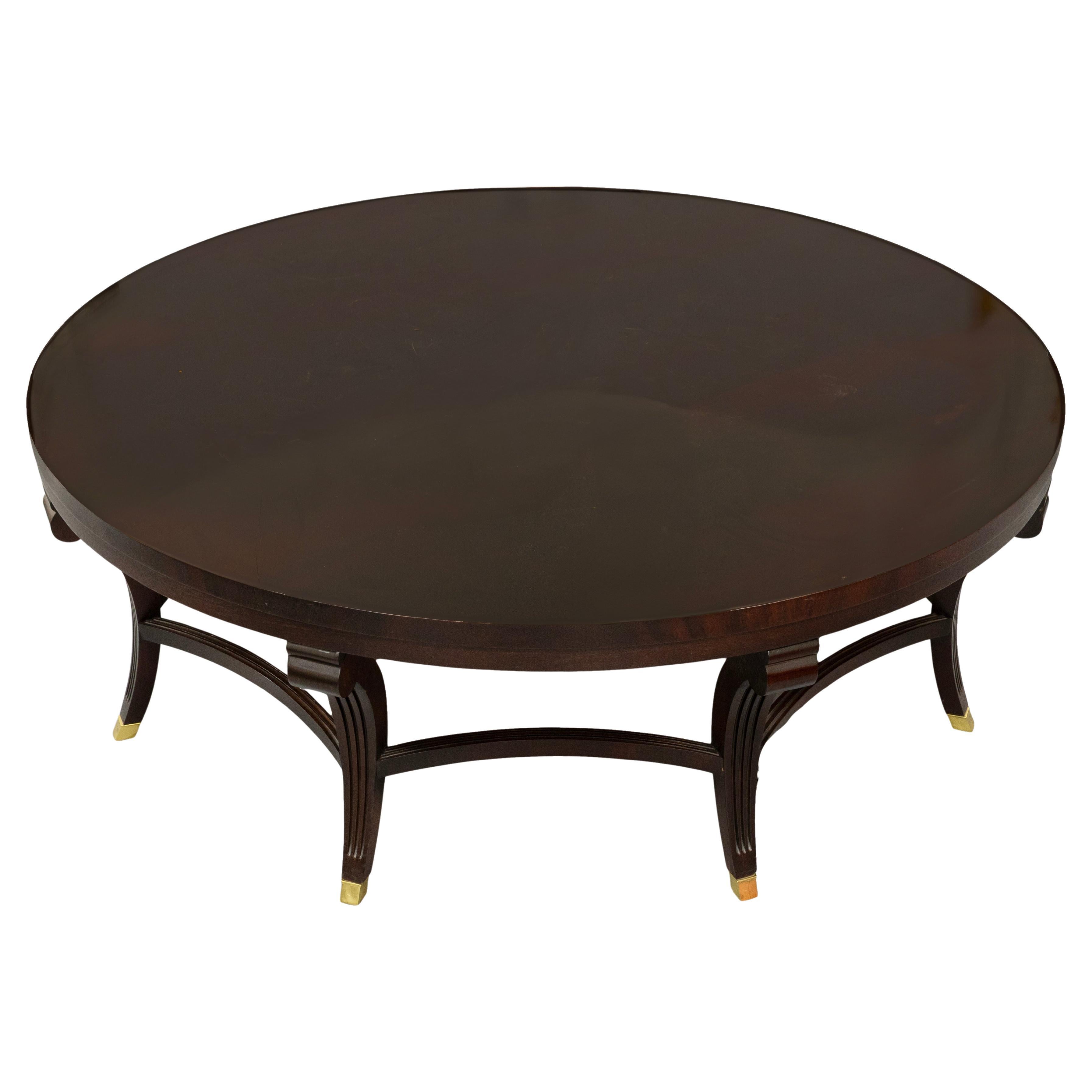 Hickory Brand Mahogany Large Round Coffee Table With Brass Feet For Sale