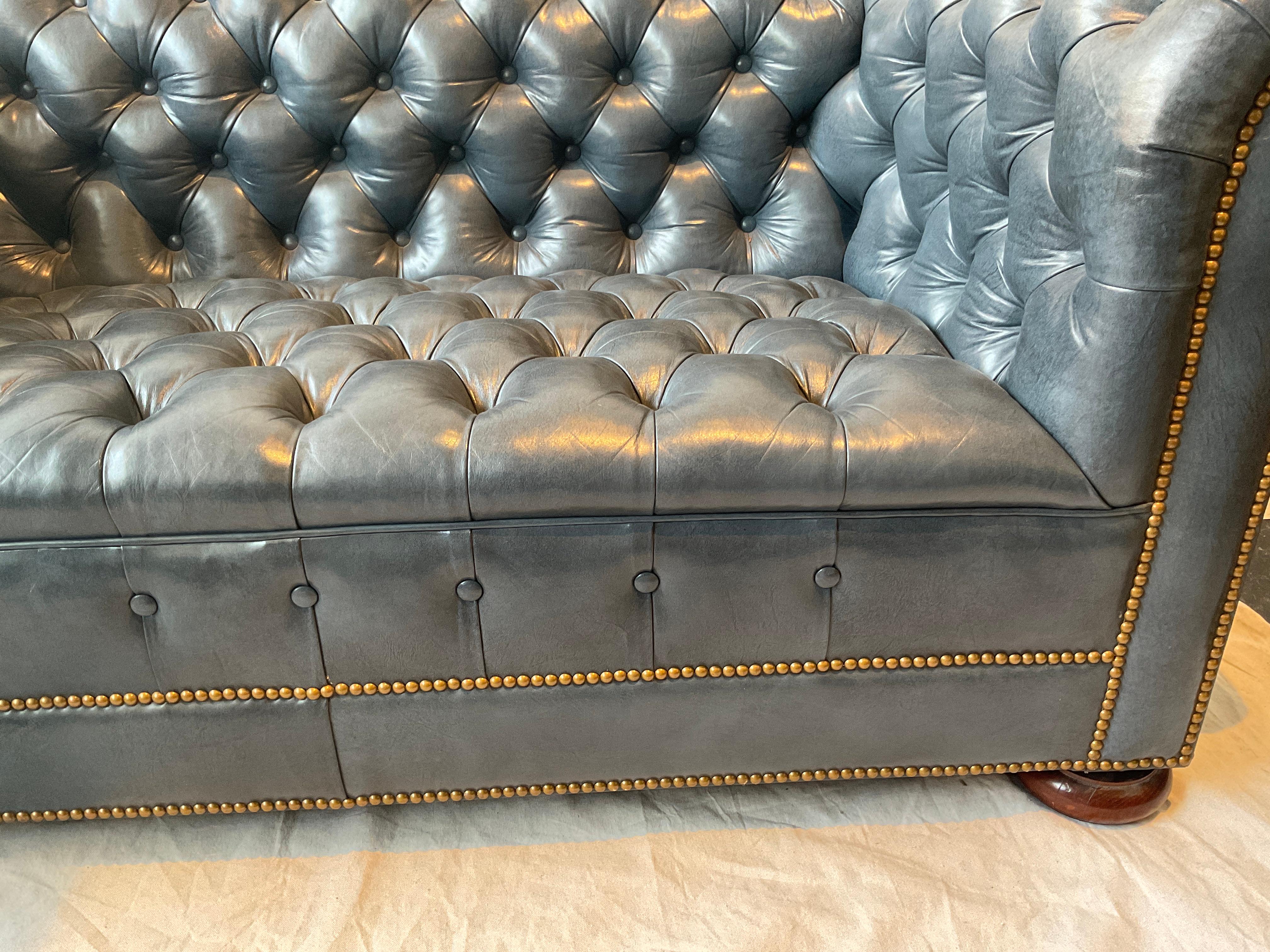 Hickory Chair  Blue Leather  Chesterfield Loveseat 6