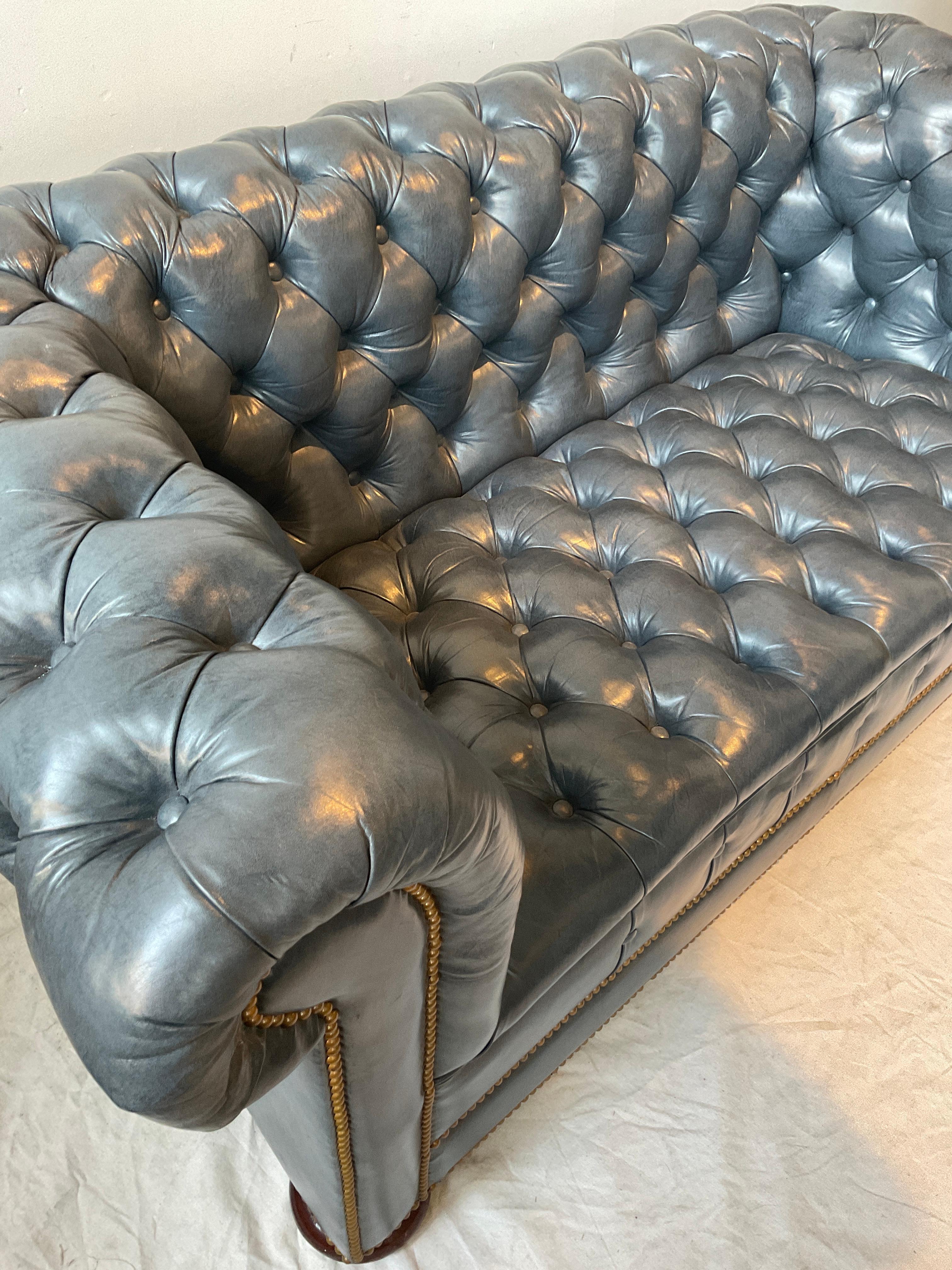 Hickory Chair  Blue Leather  Chesterfield Loveseat In Good Condition In Tarrytown, NY